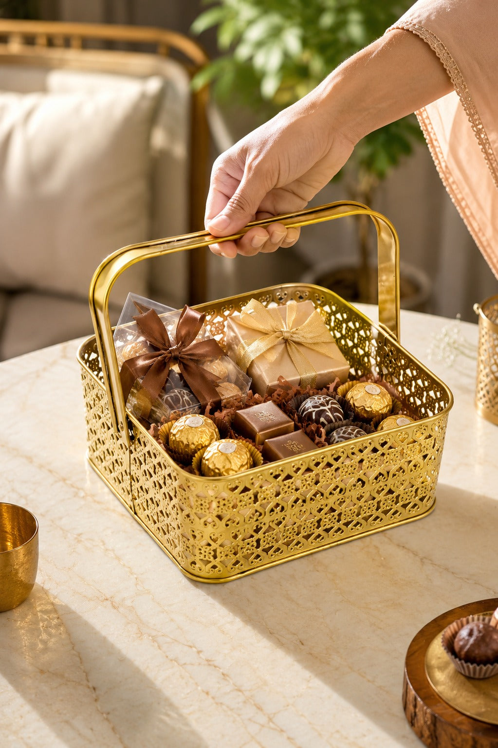 Premium Golden Metal Gift Basket with Handle | Large Decorative Storage Basket | Multipurpose Fruit Basket, Dry Fruit Hamper, Pooja Basket & Home Organizer