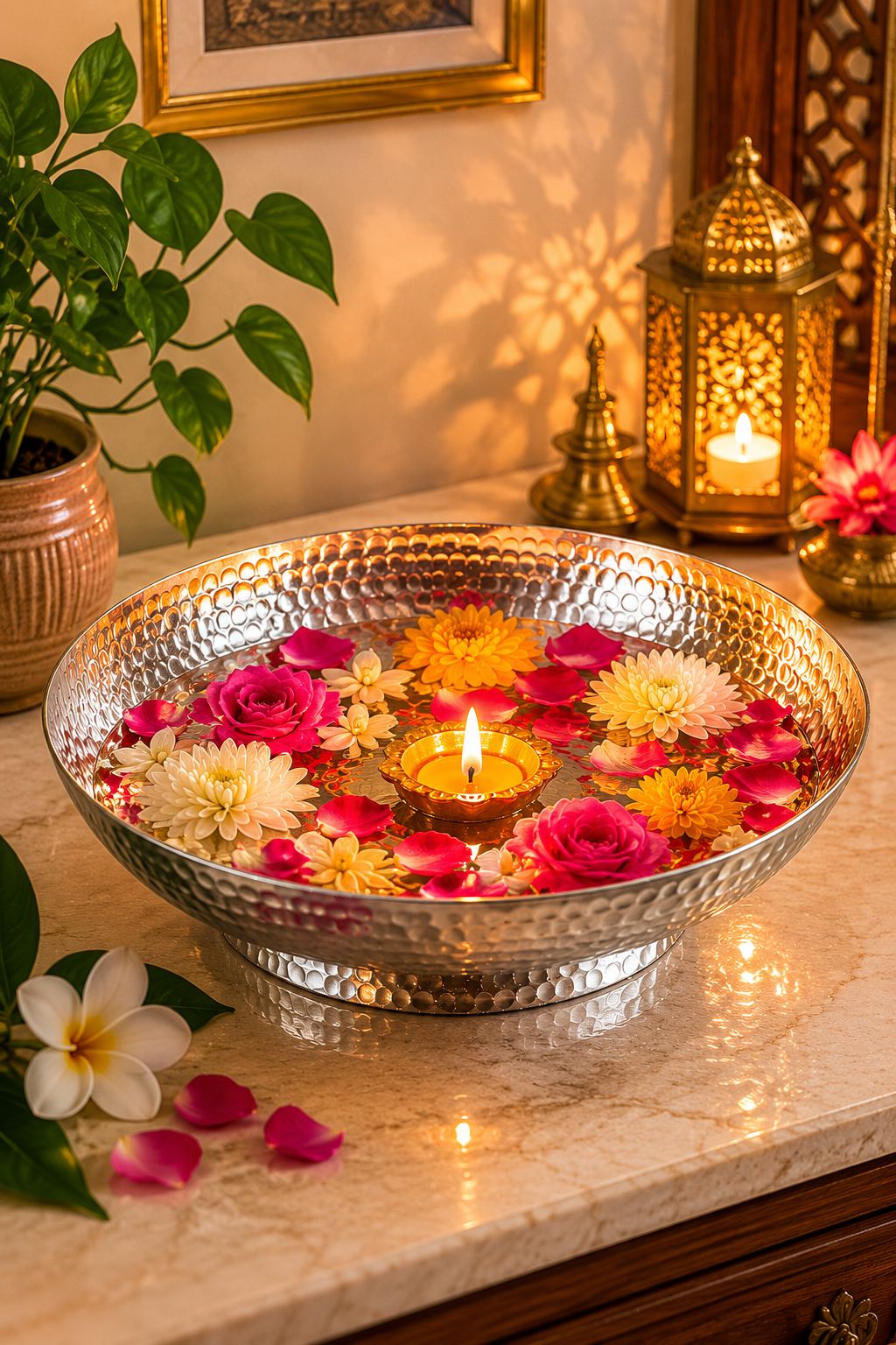 Premium Hammered Silver Urli Bowl | Decorative Metal Floating Flower Bowl for Water, Candles, Tea Lights & Diyas | Handcrafted Festival, Pooja, Wedding & Home Décor Centerpiece