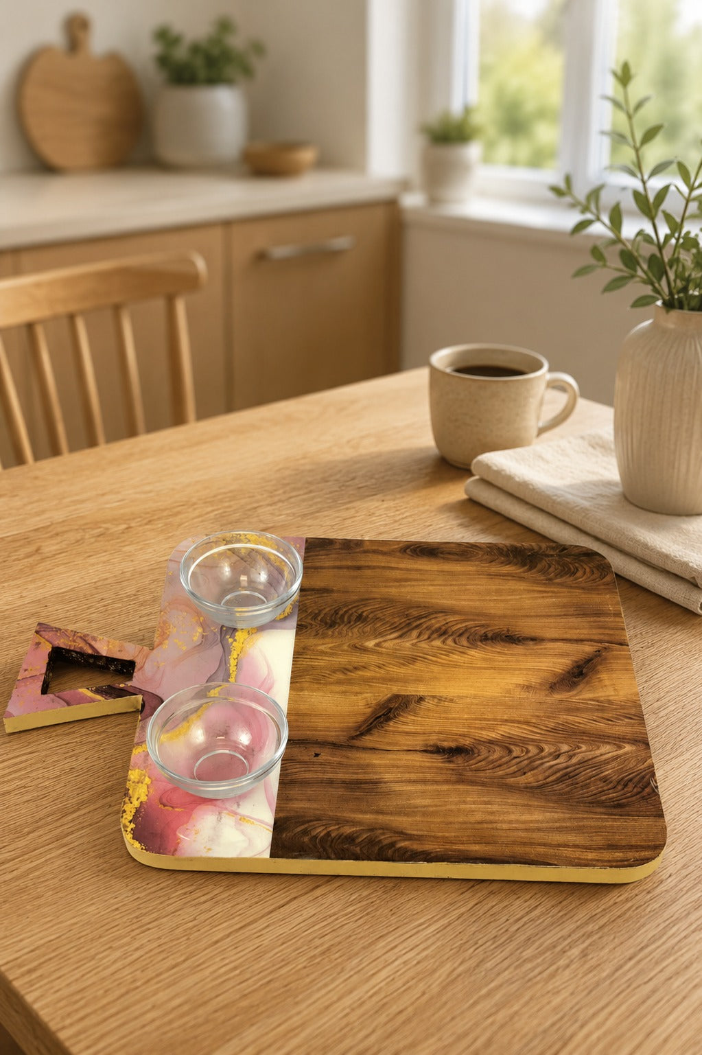 Premium Resin & Wood Serving Board with 2 Glass Bowls | MDF Cheese Board & Charcuterie Serving Platter | Multipurpose Snack, Bread, Fruit & Appetizer Serving Tray