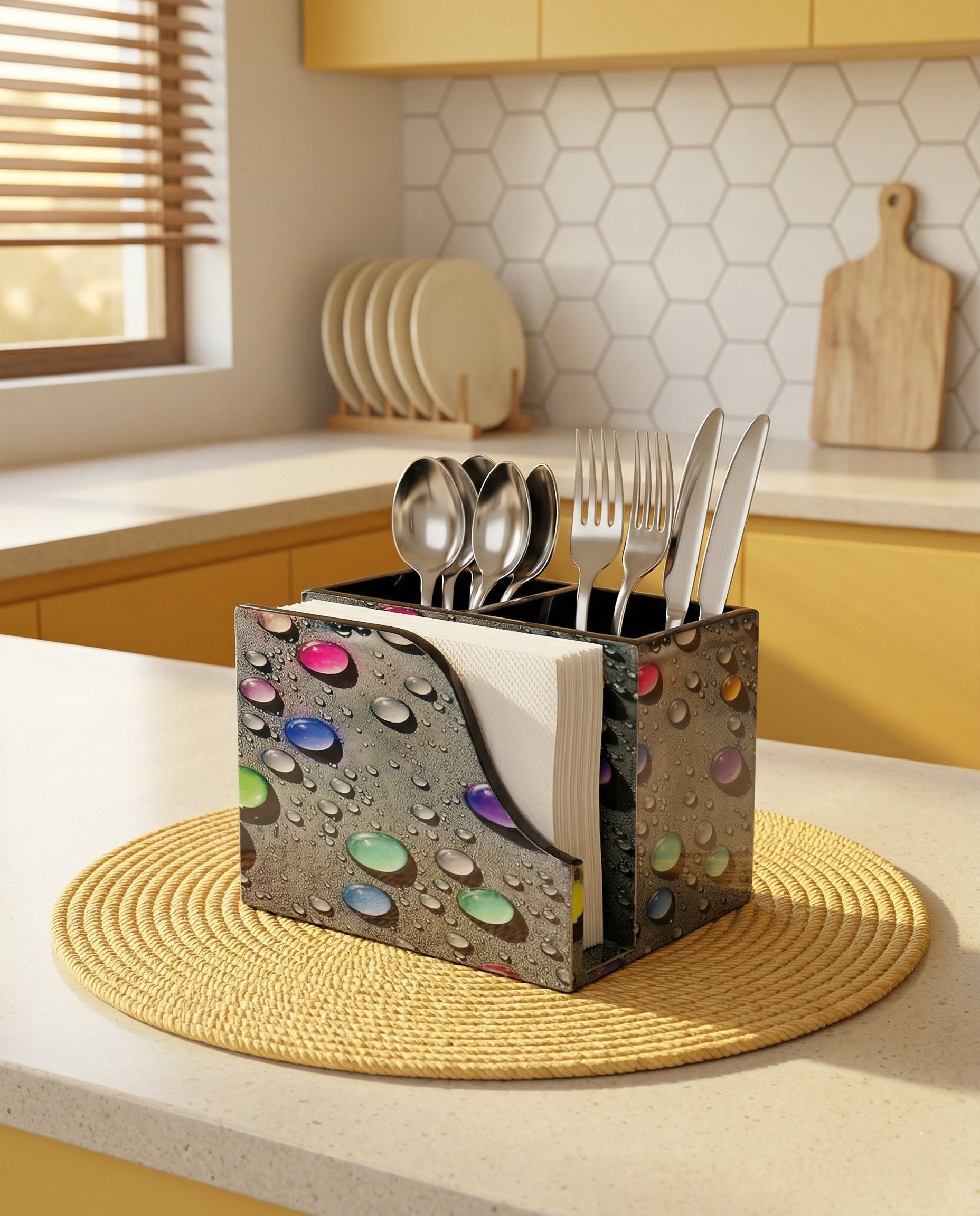 Premium MDF Cutlery & Napkin Holder | Designer Bubble Printed Wooden Organizer with Dual Compartments | Spoon, Fork, Knife & Tissue Stand for Dining Table, Kitchen & Home Décor