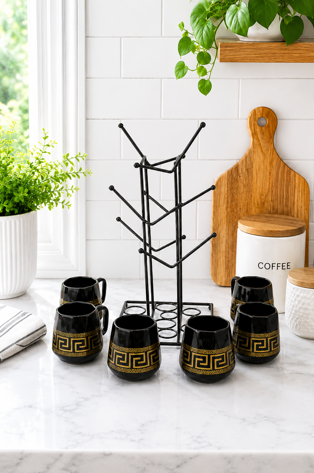 6 Cup Mug Tree Stand | Metal Coffee Mug Holder Stand for Kitchen Counter | Space Saving Mug Organizer Rack | Durable Cup Storage Stand for Home, Office & Café