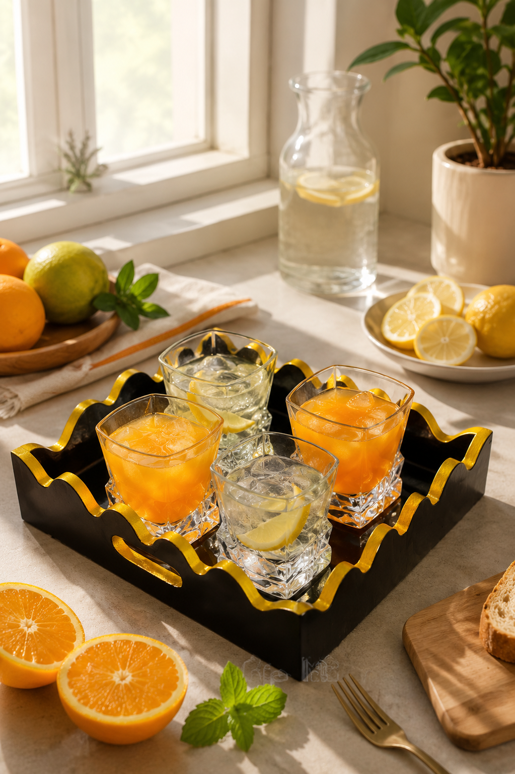 Premium Square Crystal Glass Set with Decorative MDF Serving Tray | 4 Heavy Base Drinking Glasses with Luxury Black & Gold Tray | Whisky, Juice, Water, Cocktails & Gift Set for Home Bar
