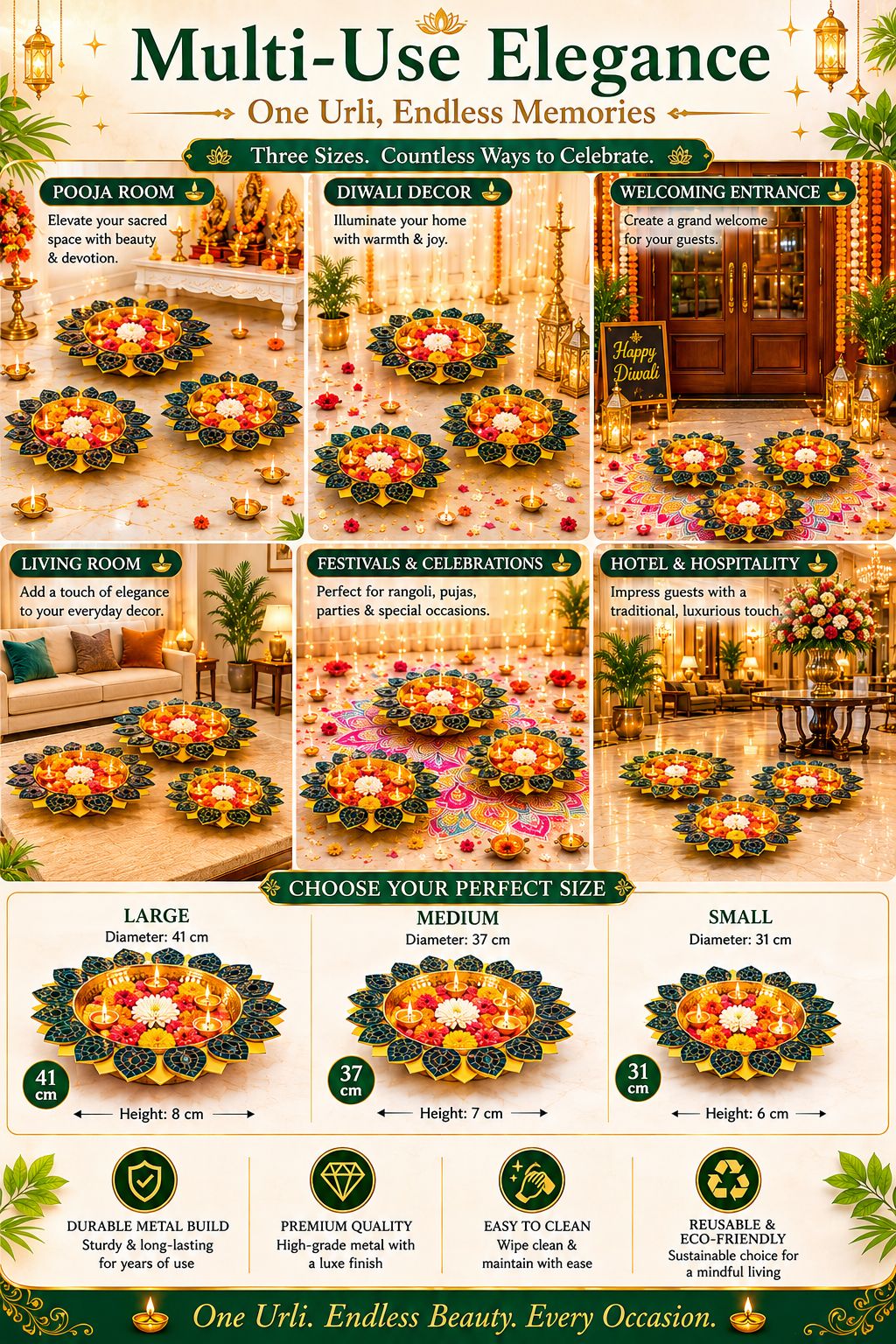 Premium Set of 3 Decorative Metal Urli Bowls with Mosaic Glass Petals | Floating Flower Bowl for Candles, Water Décor & Rangoli | Decorative Urli for Diwali, Pooja, Wedding, Festivals & Home Decoration