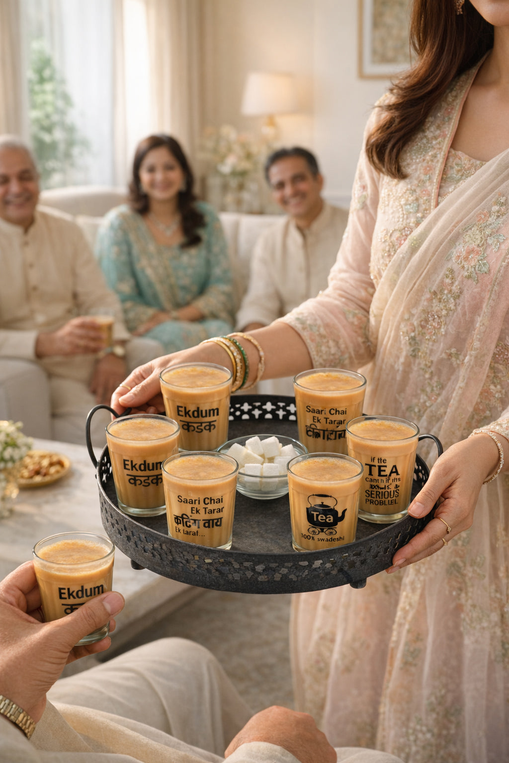 Premium Printed Cutting Chai Glass Set of 6 with Metal Tray & Snack Bowl | Designer Tea Glasses with Iron Serving Stand | Tapri Style Tea Coffee Set for Home, Café & Kitchen Use