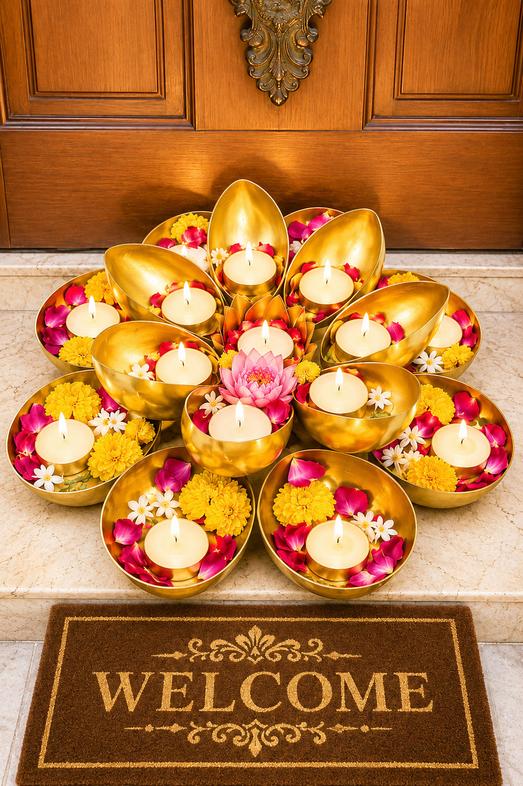Golden Metal Urli Cum Tealight Holder Set | Decorative Diya & Flower Urli for Festive Home Décor