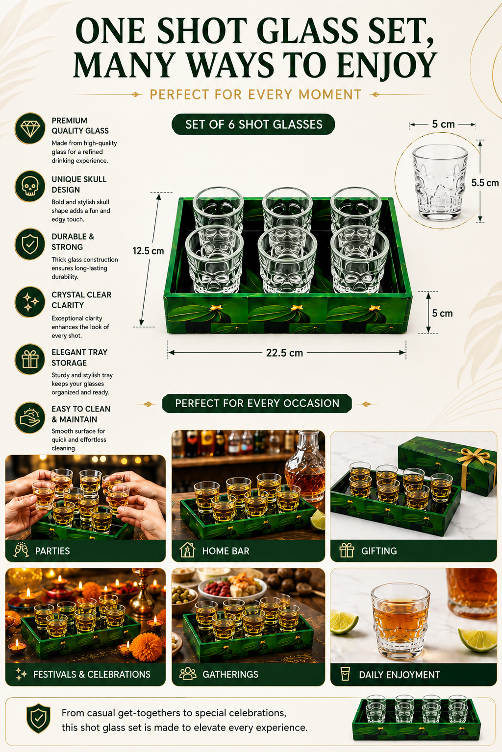 Skull Shot Glass Set Of 6 With MDF Resin Tray | 50ml Clear Skull Design Glasses For Vodka, Whiskey, Tequila & Cocktails | Barware Set For Parties & Gifting