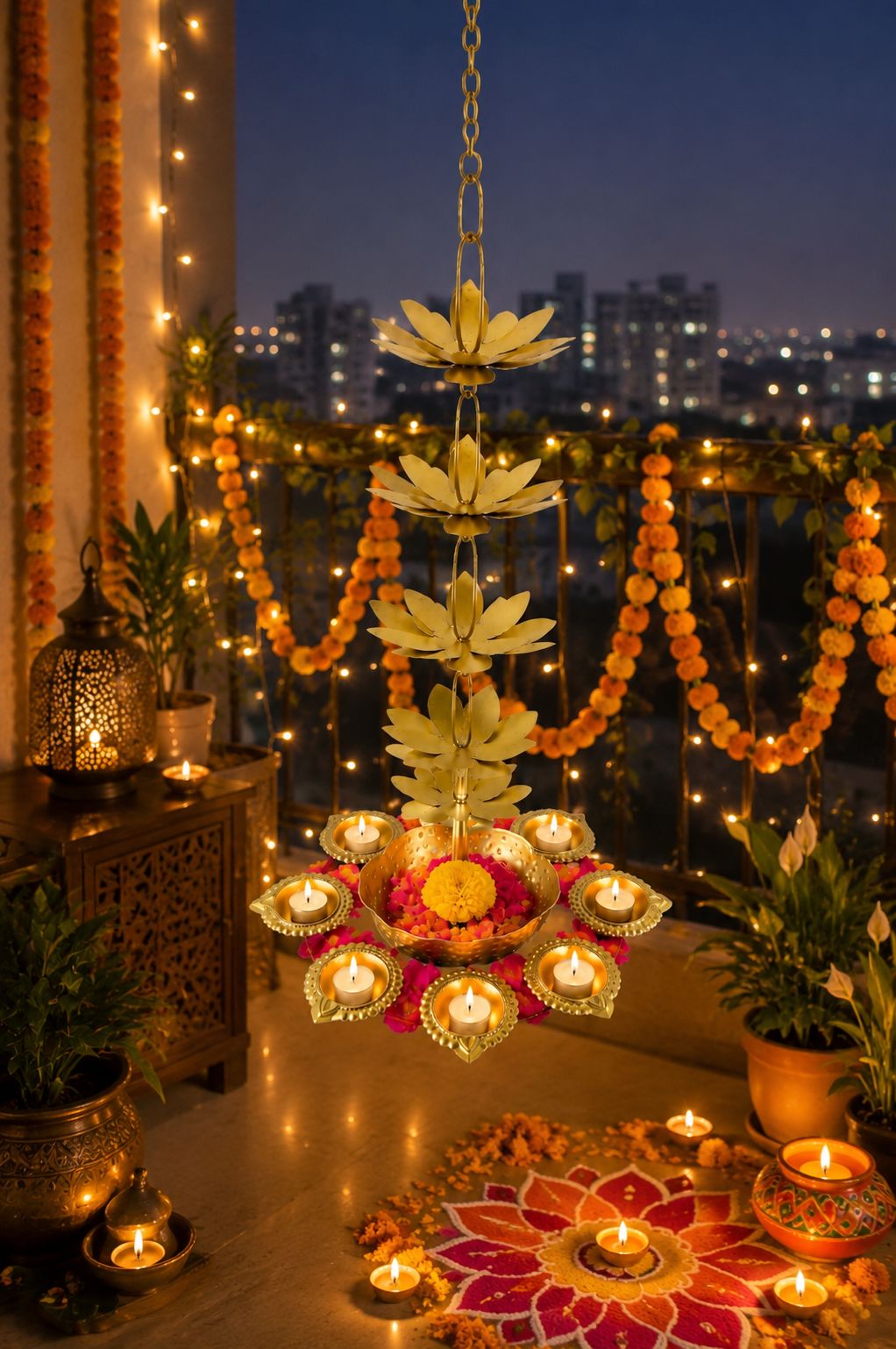 Premium Hanging Lotus Urli with 9 Diya Holders | Decorative Metal Hanging Urli for Floating Flowers, Candles & Water Décor | Traditional Hanging Diya Urli for Diwali, Pooja, Wedding & Home Decoration