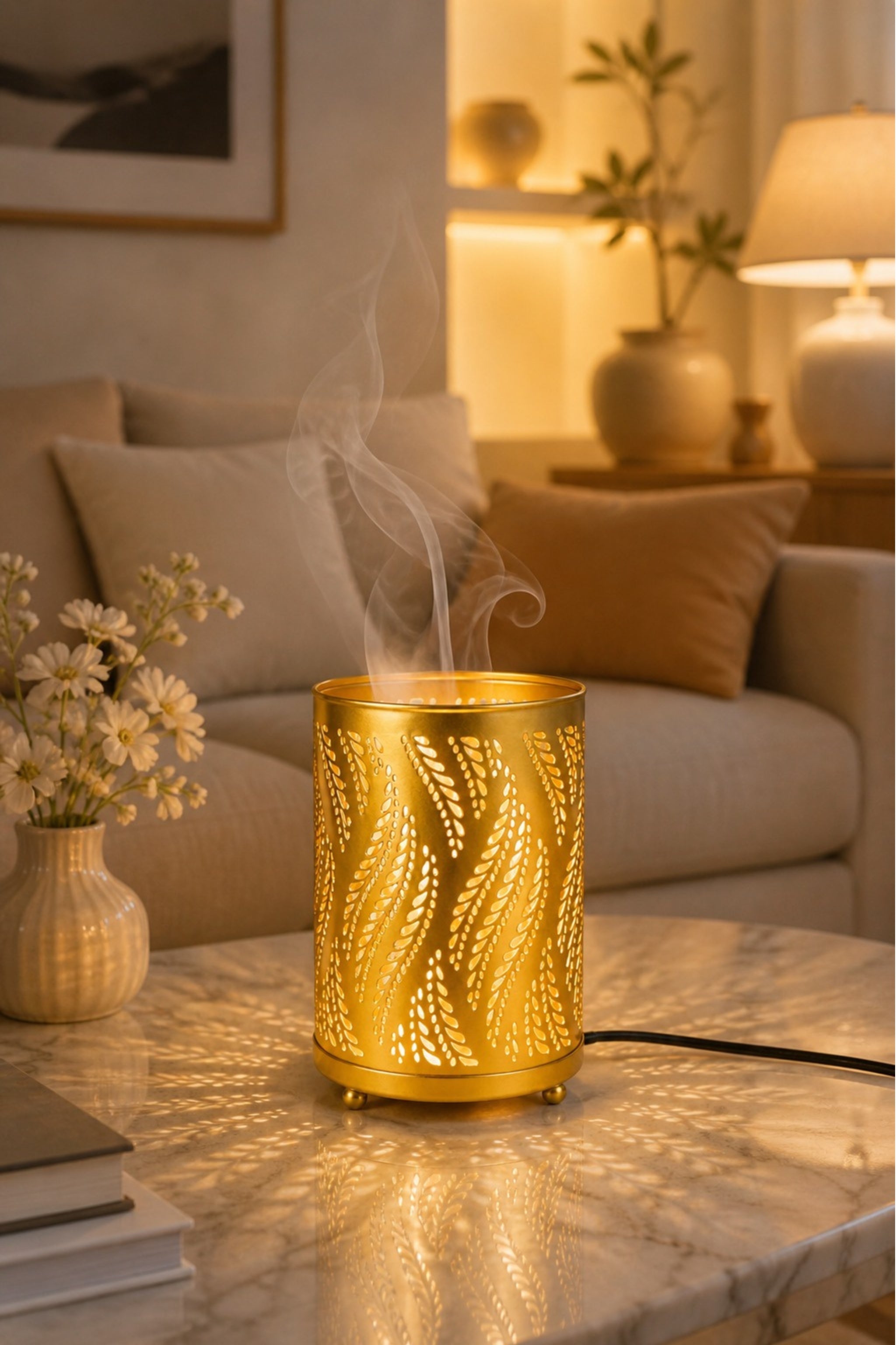 Leaf Pattern Electric Diffuser Lamp | Metal Aroma Burner with Warm Light Projection for Home Décor & Relaxation