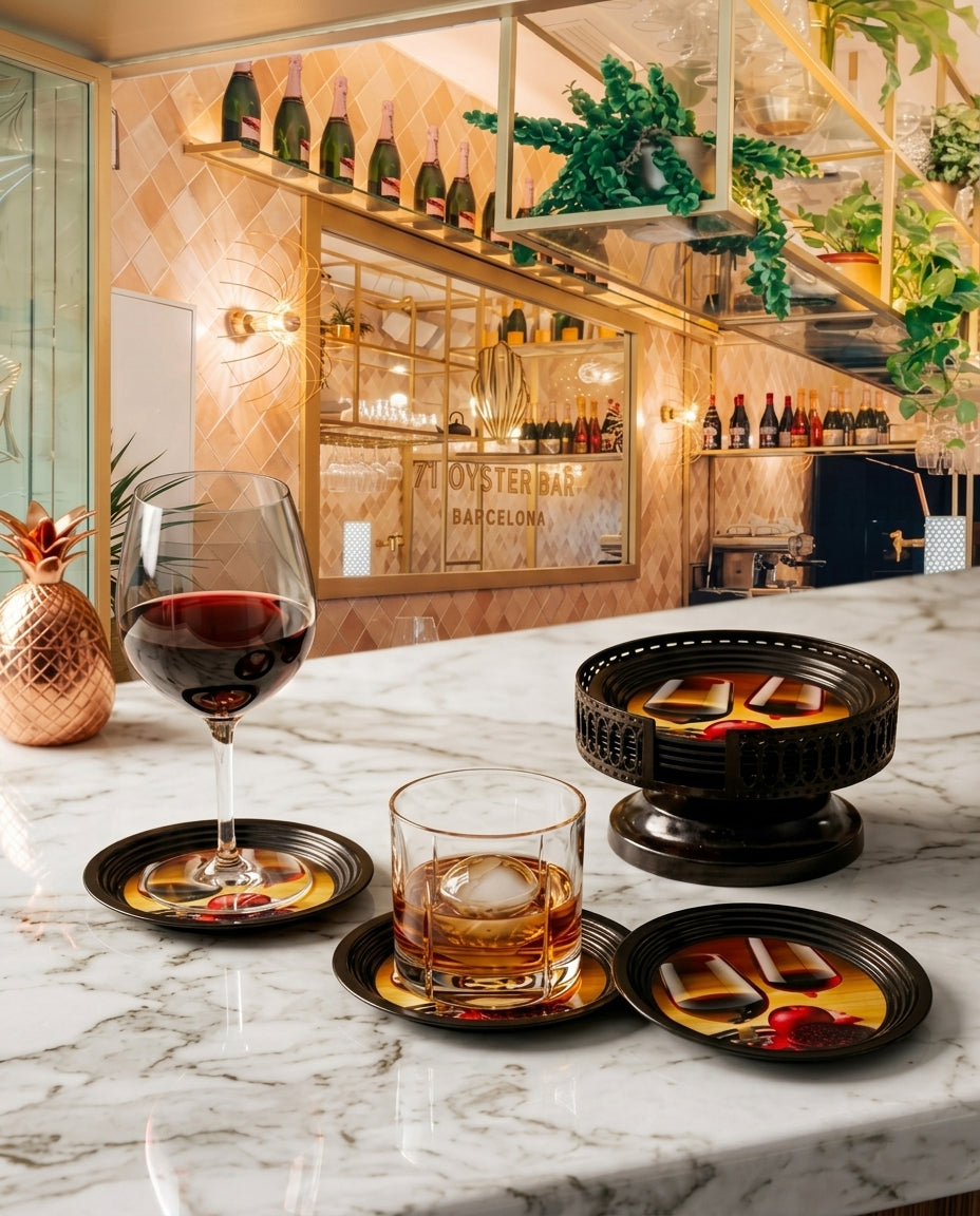 Resin Coated Metal Coaster Set of 6 with Stand | Wine Theme Black Tea Coffee Coasters | Waterproof Heat Resistant Table Coasters
