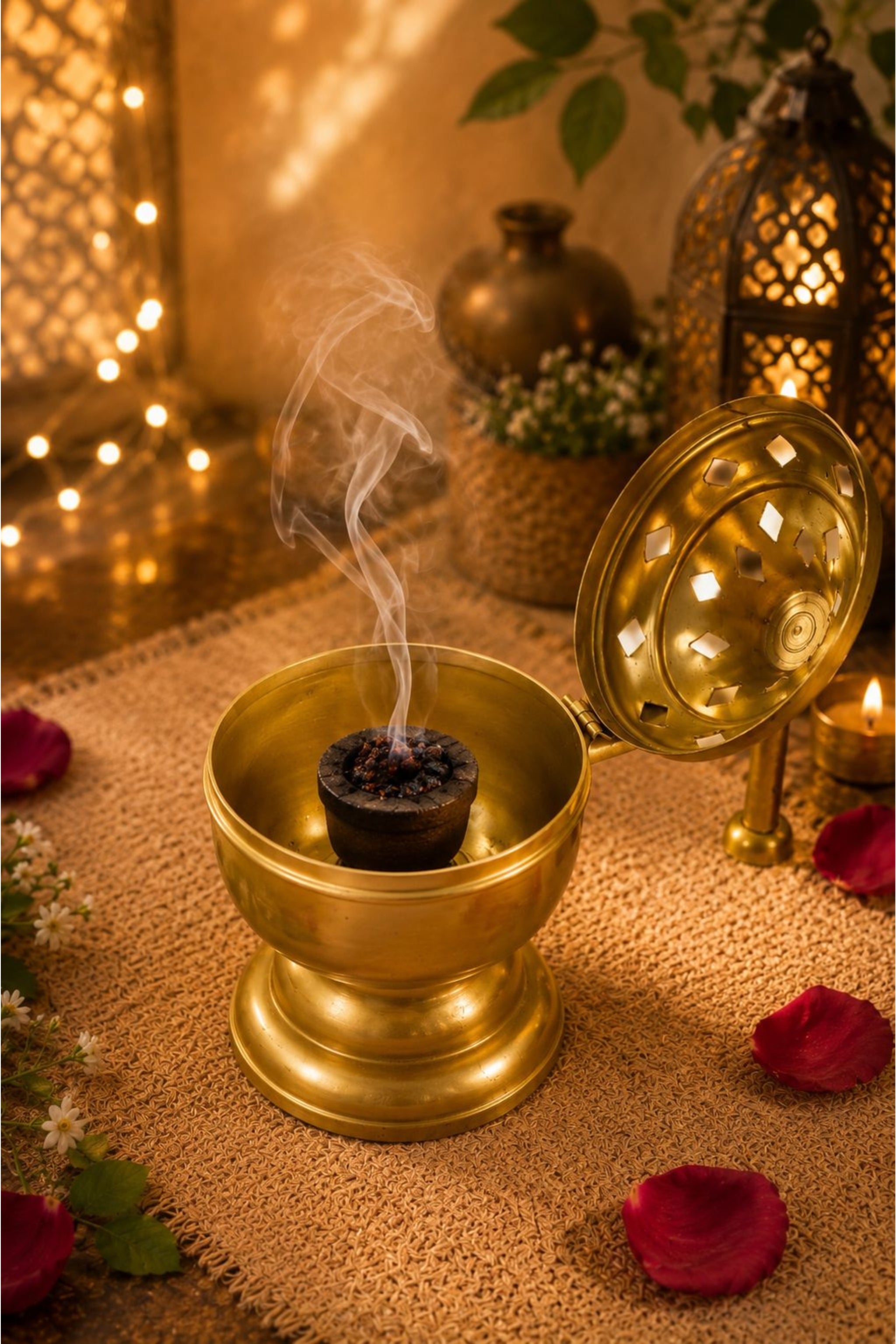Brass Finish Metal Dhoop Dani with Wooden Handle & Lid for Pooja, Loban & Sambrani Burning | Covered Incense Burner for Home Temple, Havan, Vastu & Premium Festive Gift Item