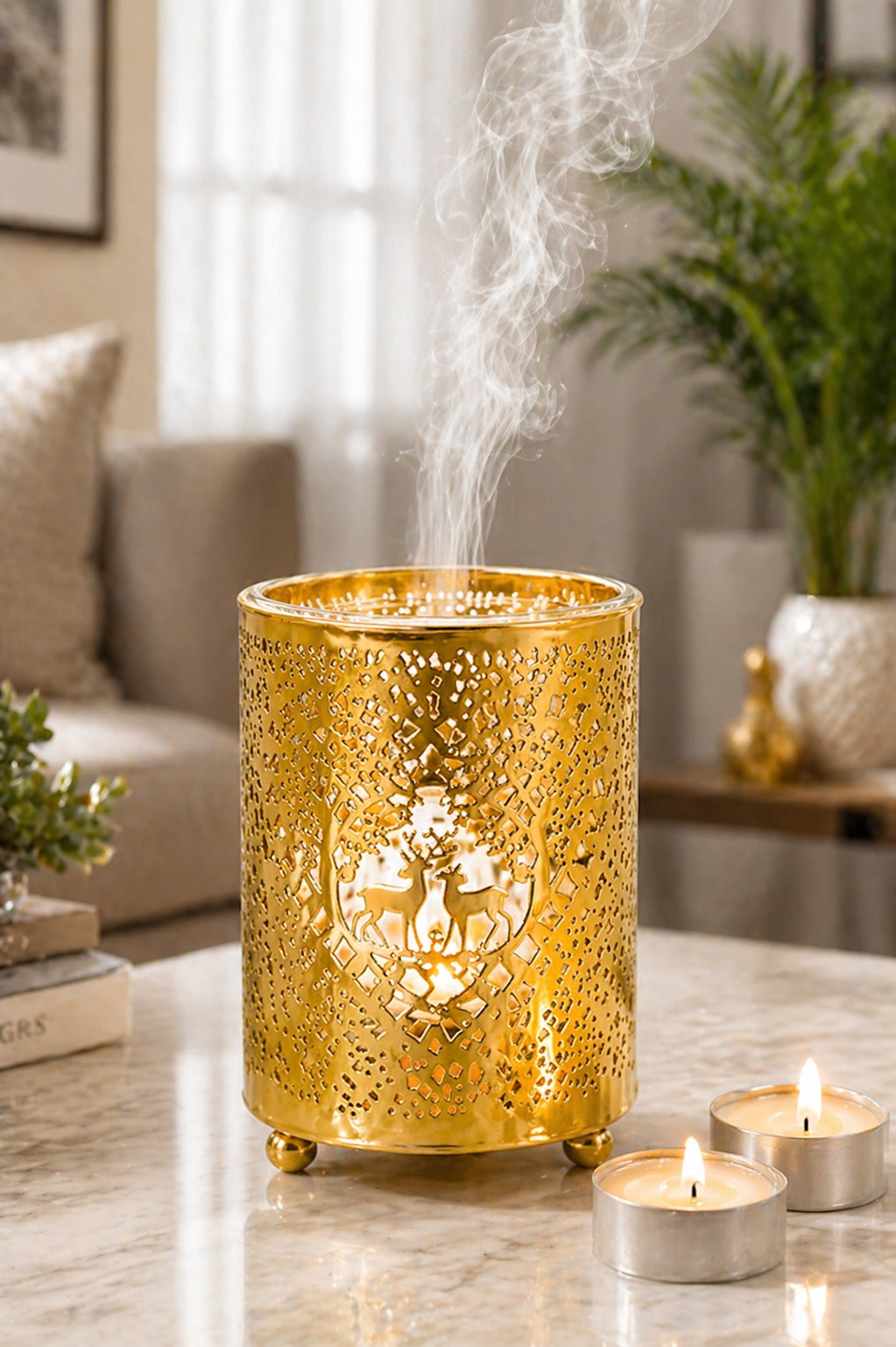 Premium Gold Metal Aroma Oil Burner Set with Tea Light Candles & Essential Oil | Designer Cutwork Candle Diffuser | Warm Ambient Fragrance Burner | Elegant Home Décor & Gifting Combo