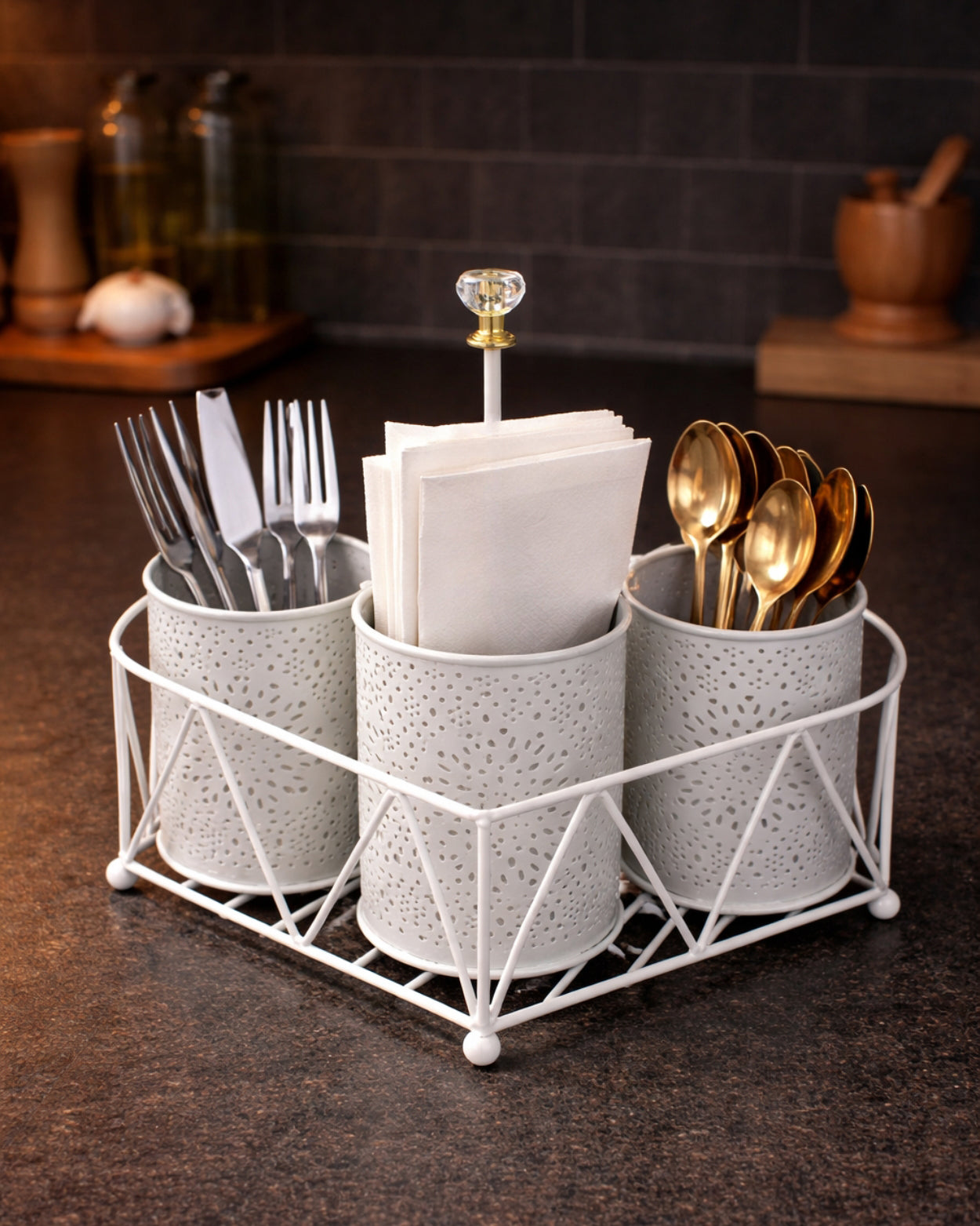 Premium 3-Compartment Metal Cutlery & Napkin Holder | Elegant Cream Finish Galvanized Organizer with Stand | Spoon, Fork, Knife & Tissue Storage for Dining Table & Kitchen Décor