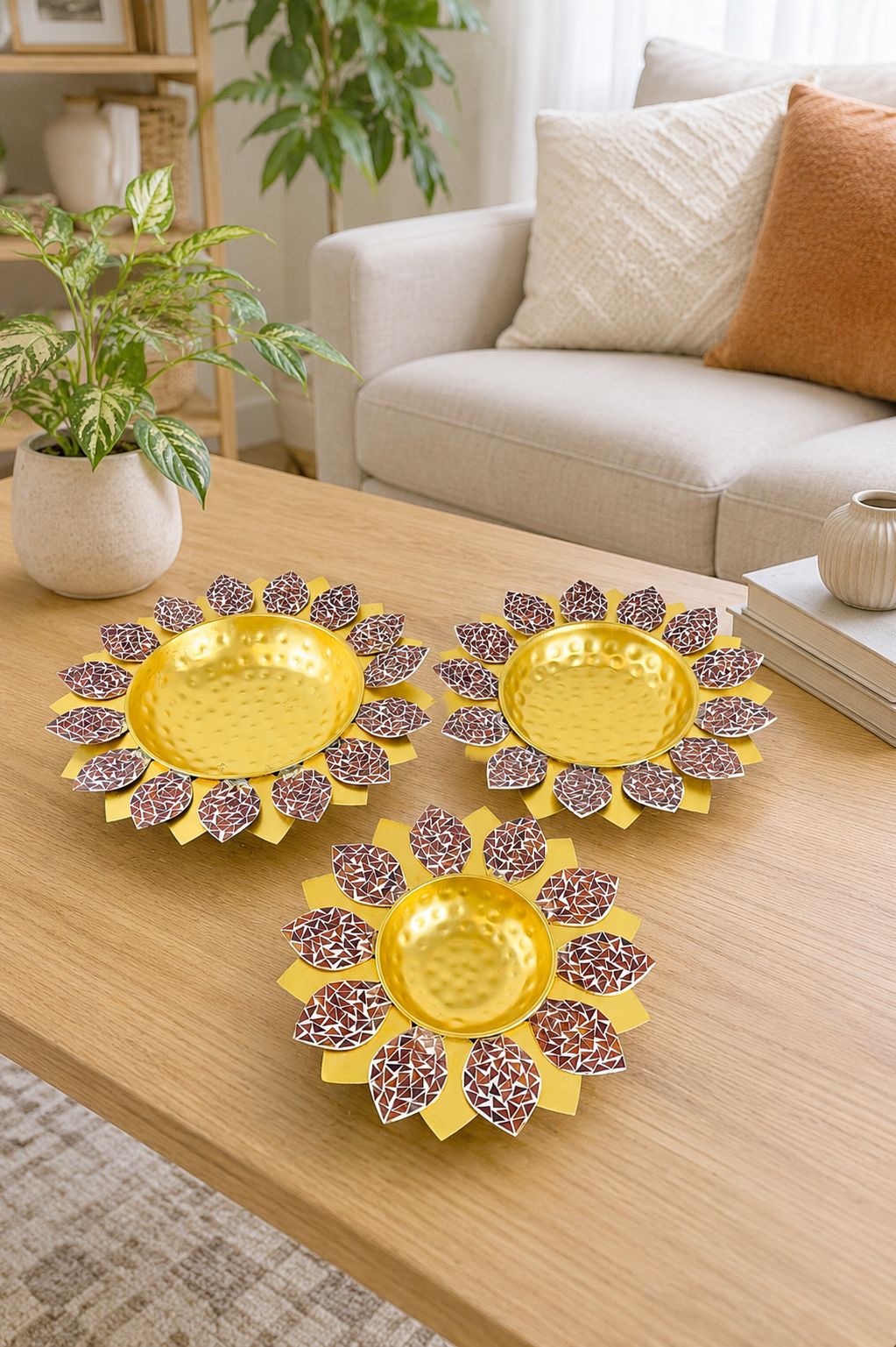 Premium Lotus Urli Bowl Set of 3 with Antique Glass Leaf Design | Decorative Metal Floating Flower Bowls for Water, Candles & Tea Lights | Traditional Urli for Diwali, Pooja, Wedding & Home Décor