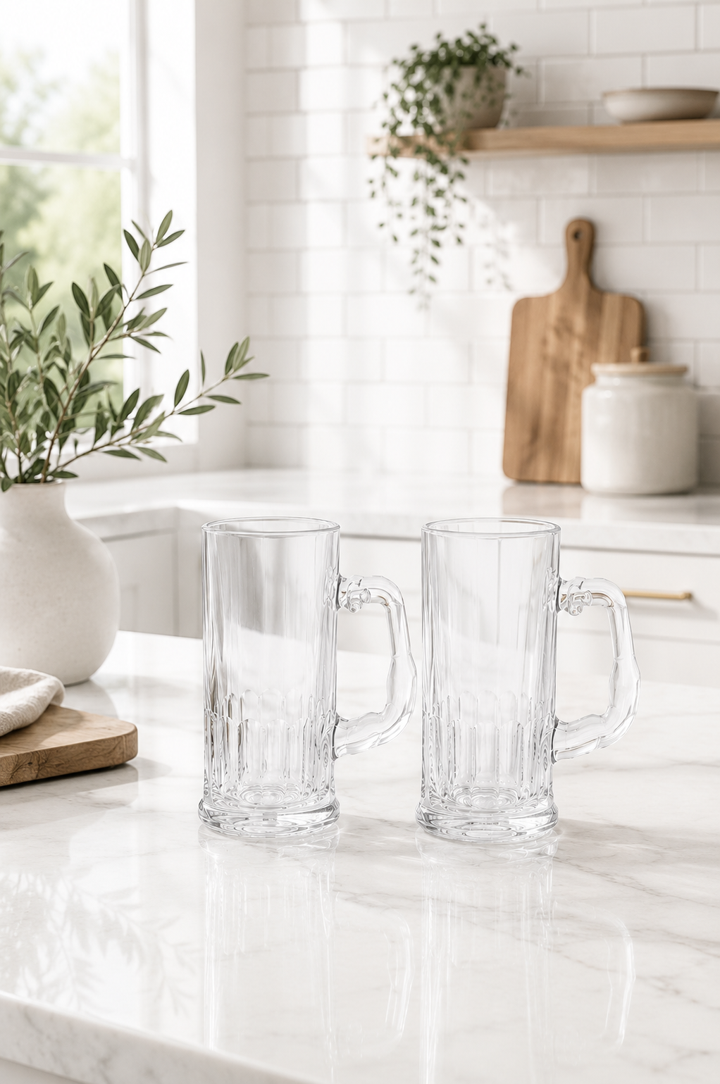 Premium Beer Mug Glass Set with Decorative MDF Serving Tray | 2 Crystal Clear Heavy Beer Mugs with Resin Art Tray | Large Glass Beer Mugs for Beer, Juice, Coffee & Home Bar Gift Set