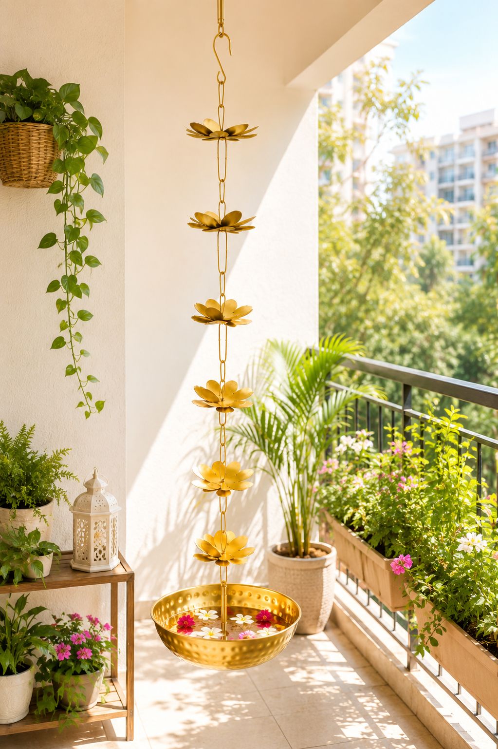 Premium Hanging Lotus Urli Bowl with Decorative Flower Chain | Handcrafted Metal Floating Flower Bowl for Water, Candles & Tea Lights | Hanging Urli for Diwali, Pooja, Wedding & Home Décor