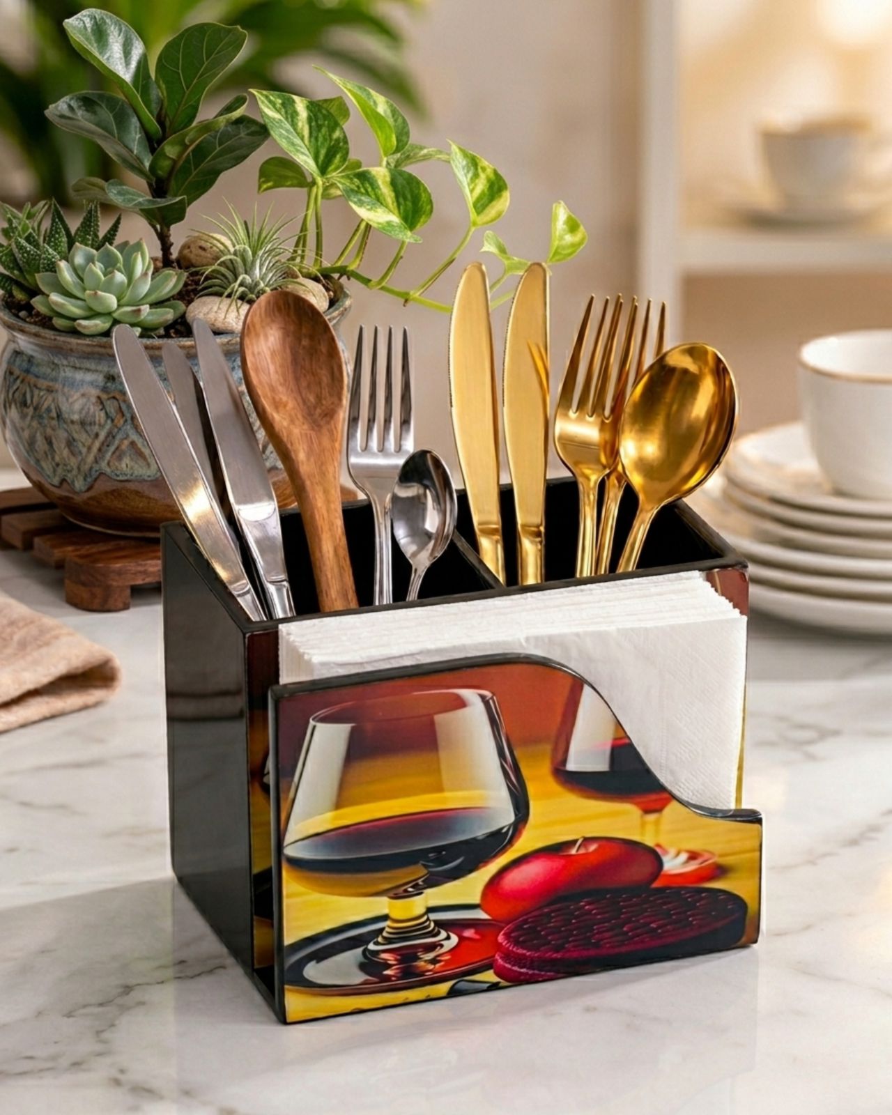 Premium MDF Cutlery & Napkin Holder | Designer Wine Printed Wooden Organizer with Dual Compartments | Spoon, Fork, Knife & Tissue Stand for Dining Table, Kitchen & Home Décor