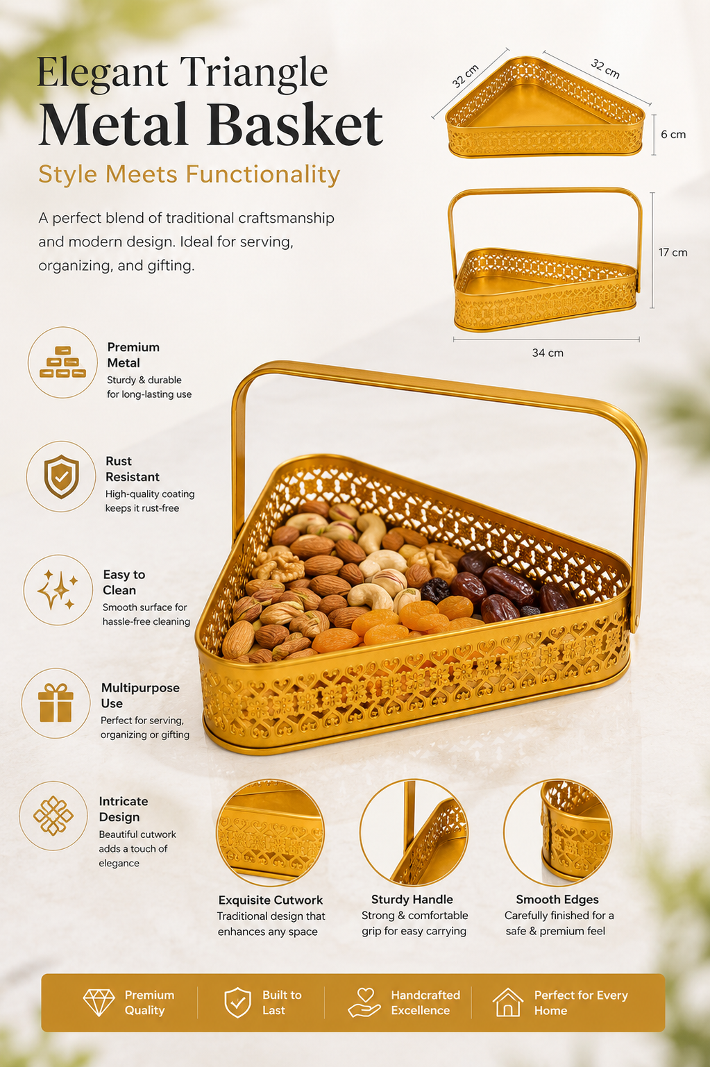 Premium Triangle Metal Basket with Handle (Medium) | Decorative Gold Serving Basket | Gift Hamper Basket | Dry Fruit, Snacks & Organizer Tray | Metal Storage Basket for Home Décor