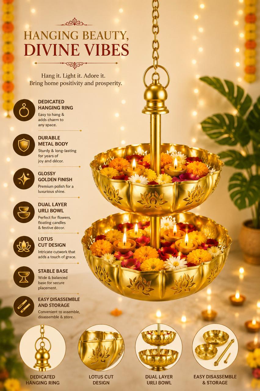 Premium Dual Layer Metal Urli Bowl | 2-Tier Decorative Floating Flower Urli for Water, Candles & Tea Lights | Traditional Pooja Urli for Diwali, Wedding, Home & Festive Decoration