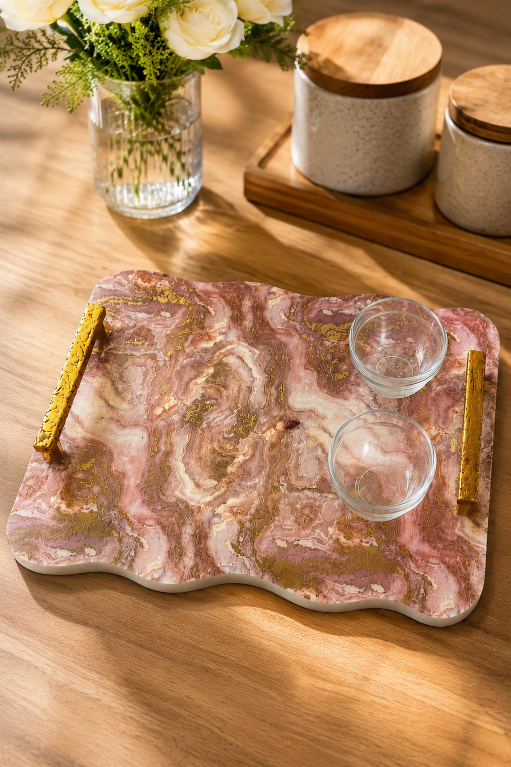 Premium Marble Design MDF Serving Tray with Gold Handles & 2 Glass Bowls | Decorative Multipurpose Snack Serving Platter | Luxury Tea Coffee Serving Board for Home, Parties & Gifting