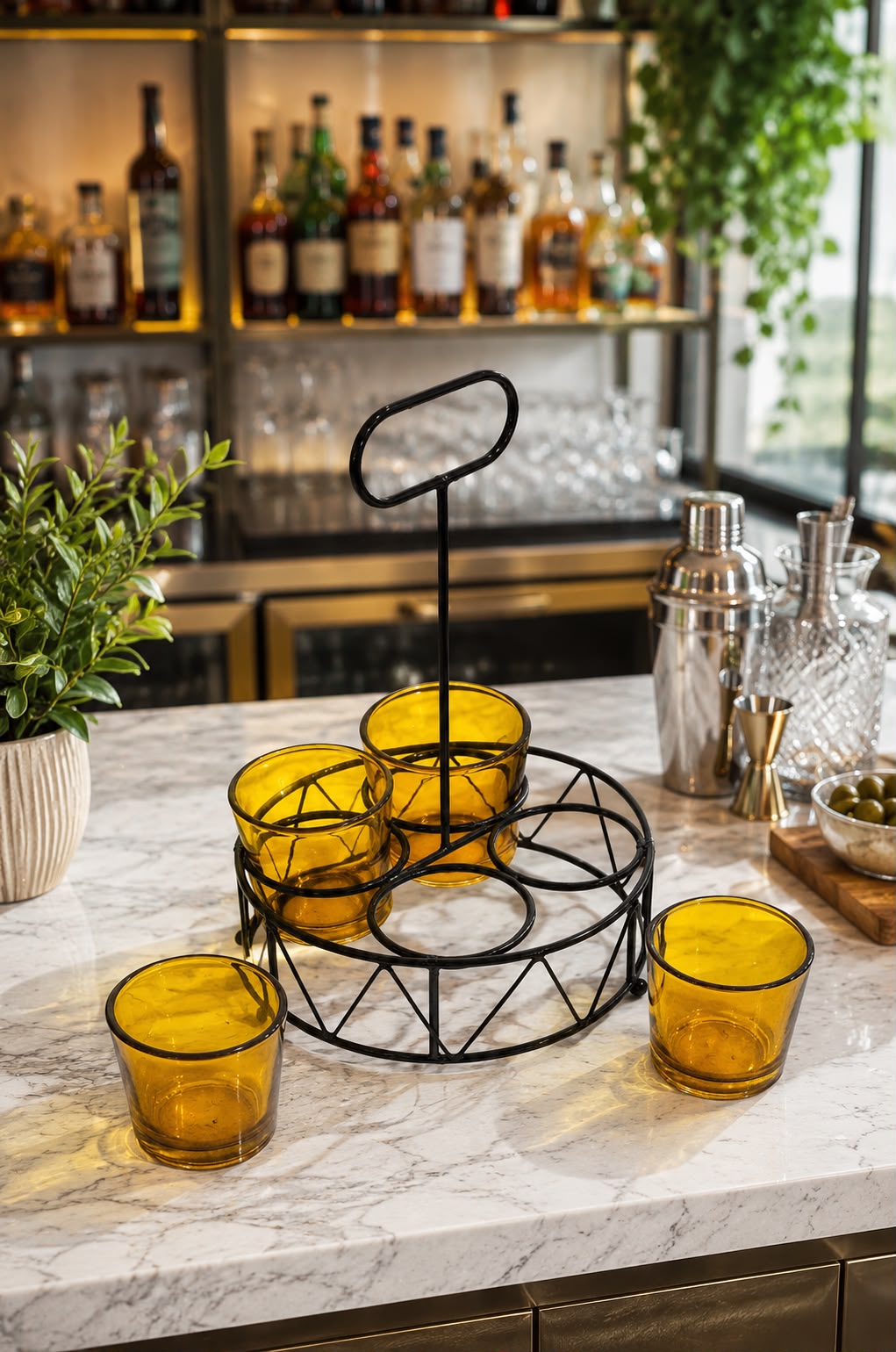 Shot Glass Set Of 4 With Metal Stand | Amber Glass Mini Shot Cups With Round Iron Holder | Dhaba Style Serving Set For Vodka Tequila Whiskey