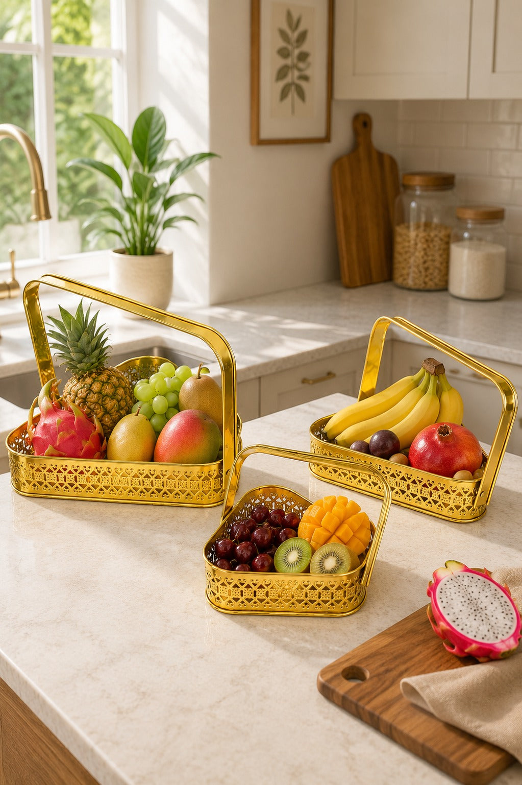 Premium Triangle Metal Basket Set of 3 (Small, Medium & Large) | Gold Metal Gift Hamper Baskets with Handle | Decorative Serving & Organizer Basket Set | Fruit, Dry Fruit & Storage Tray