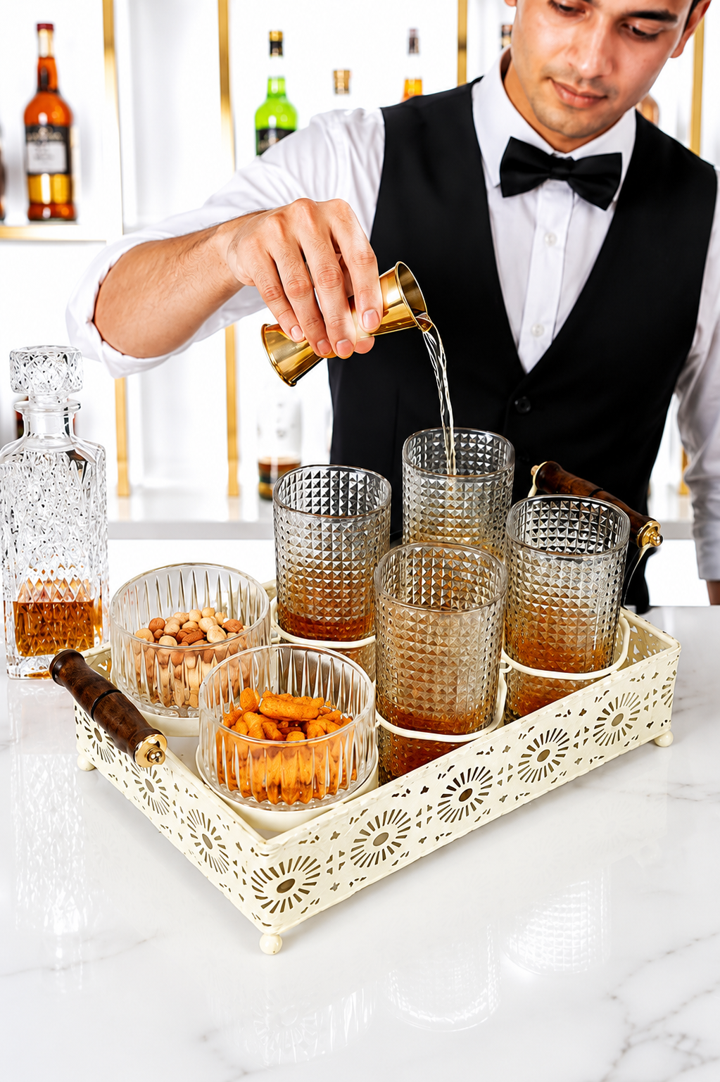 Premium Smoke Grey Glass Serving Set with Metal Tray | 4 Textured Drinking Glasses, 2 Glass Bowls & Decorative Metal Serving Tray with Wooden Handles | Elegant Snack & Beverage Set for Home