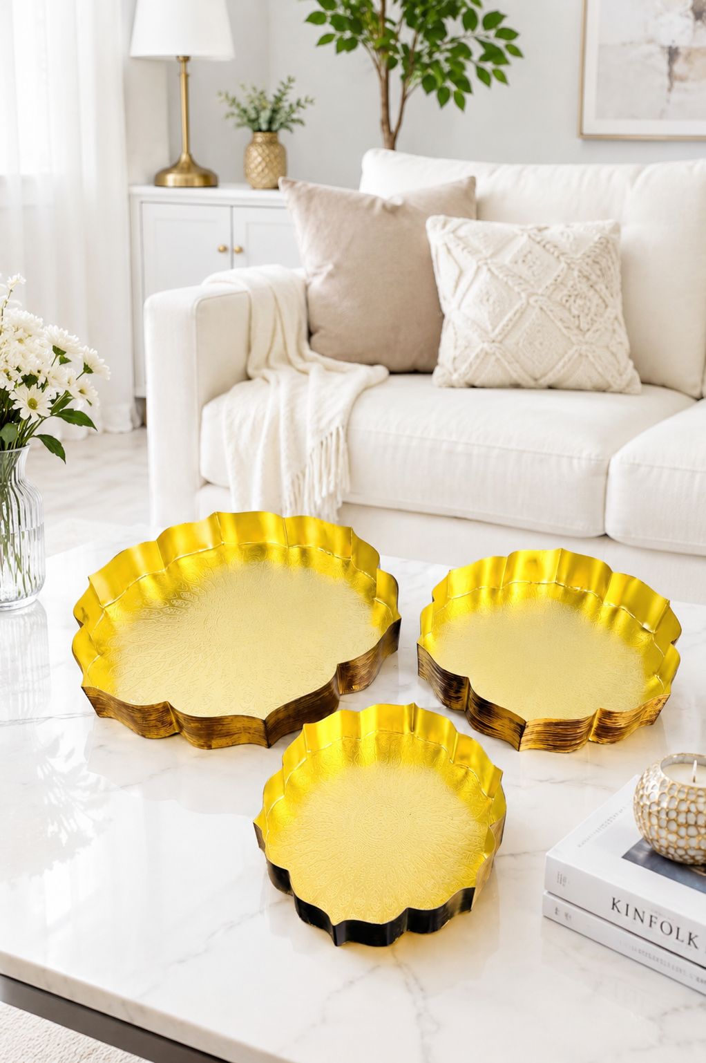 Premium Decorative Urli Bowl Set of 3 | Embossed Hammered Metal Floating Flower Bowls | Antique Gold Finish for Diyas, Candles, Pooja, Diwali, Weddings, Festivals & Home Décor