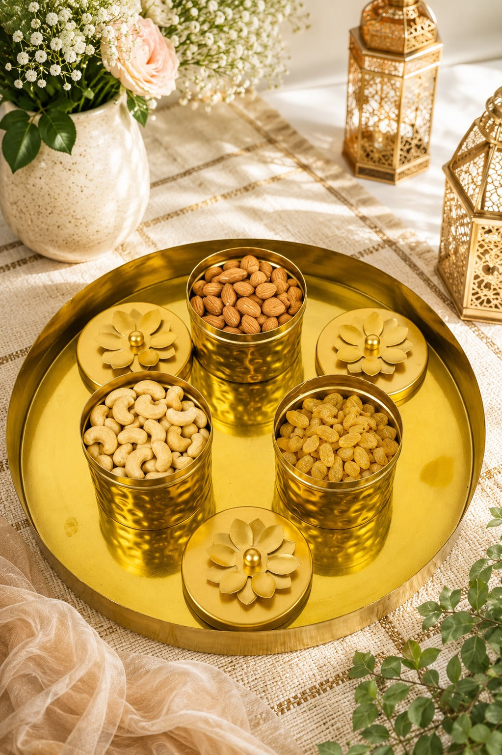 Premium 3 Piece Metal Storage Container Set with Round Serving Tray | Decorative Gold Canister Set for Dry Fruits, Snacks, Mukhwas & Kitchen Storage | Elegant Organizer for Home & Gifting