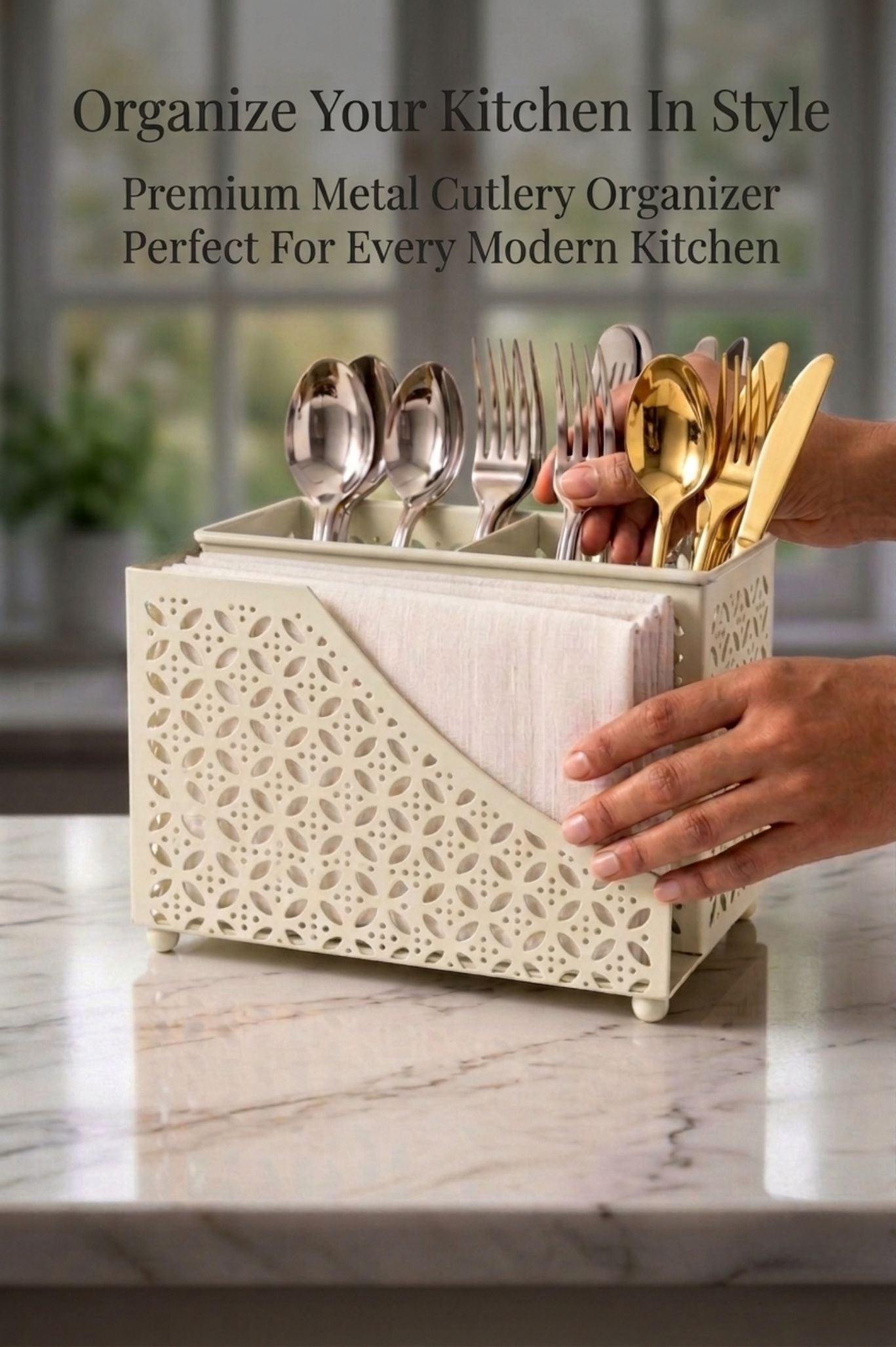 Premium 2-in-1 Cutlery & Napkin Holder | Elegant Cream Metal Organizer with Laser Cut Floral Design | Tabletop Storage for Spoons, Forks, Knives & Tissue | Kitchen & Dining Decor