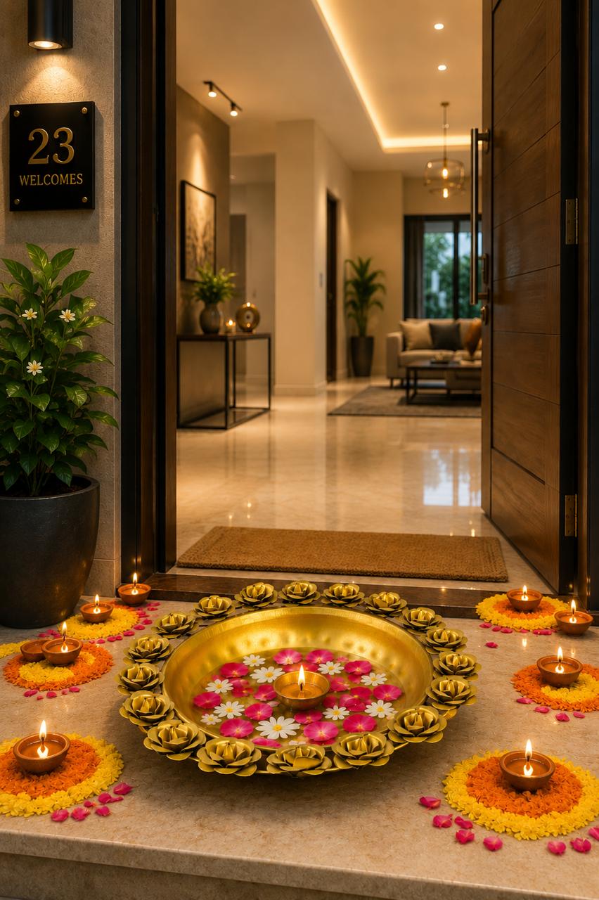 Premium Metal Urli Bowl with Rose Diya Holders | Decorative Floating Flower Urli for Water, Candles & Tea Lights | Traditional Pooja Urli for Diwali, Home Décor, Wedding & Festive Decoration