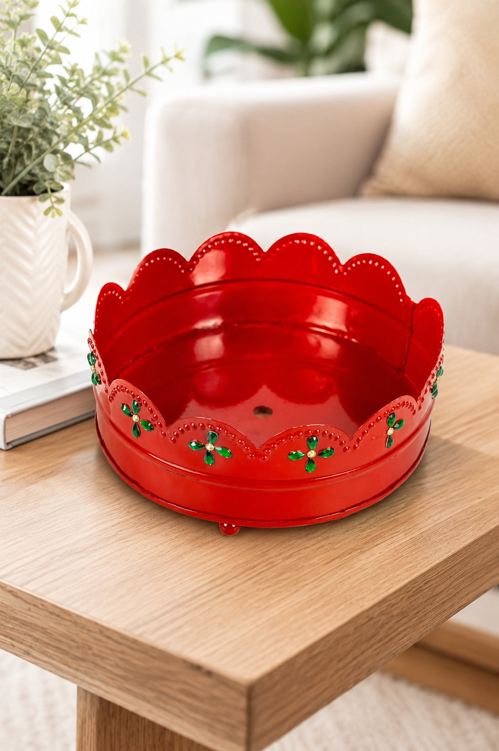Premium Decorative Metal Gift Tray (Red) | Round Red Multipurpose Hamper Basket | Floral Cutwork Serving Tray | Fruit, Dry Fruit, Gift Packing & Home Decor Tray | 16 cm
