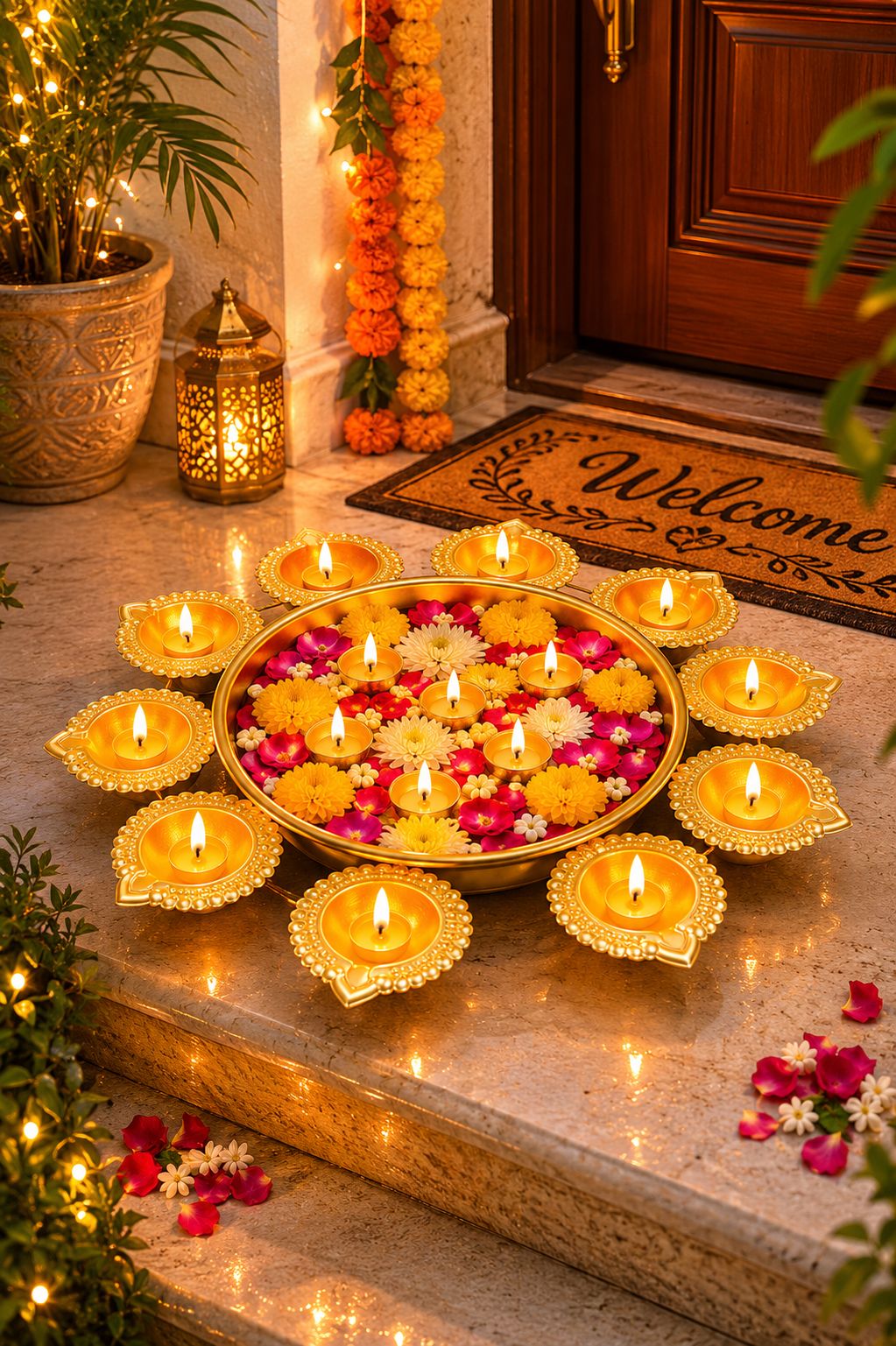 Premium Iron Urli with 8 Diya Holders | Decorative Metal Floating Flower Bowl for Water, Candles & Rangoli | Traditional Urli for Diwali, Pooja, Wedding, Festivals & Home Decoration