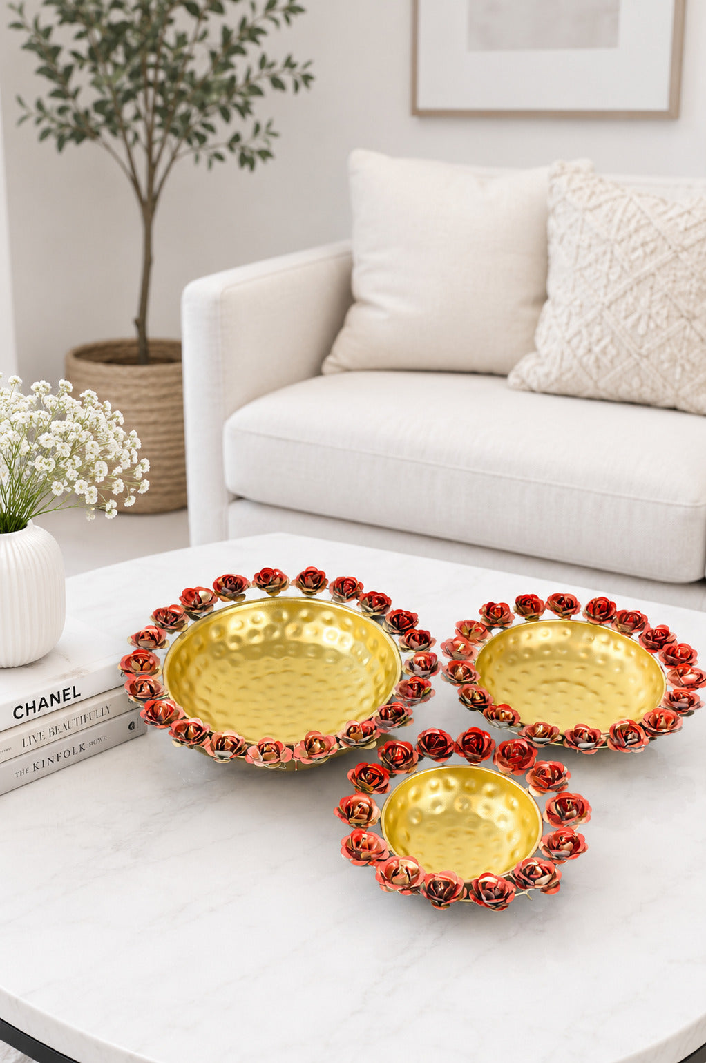 Premium Decorative Urli Bowl Set of 3 with Rose Rim Design | Hammered Metal Floating Flower Bowls for Water, Candles & Tea Lights | Diwali, Pooja, Wedding, Festival & Home Décor Centerpiece