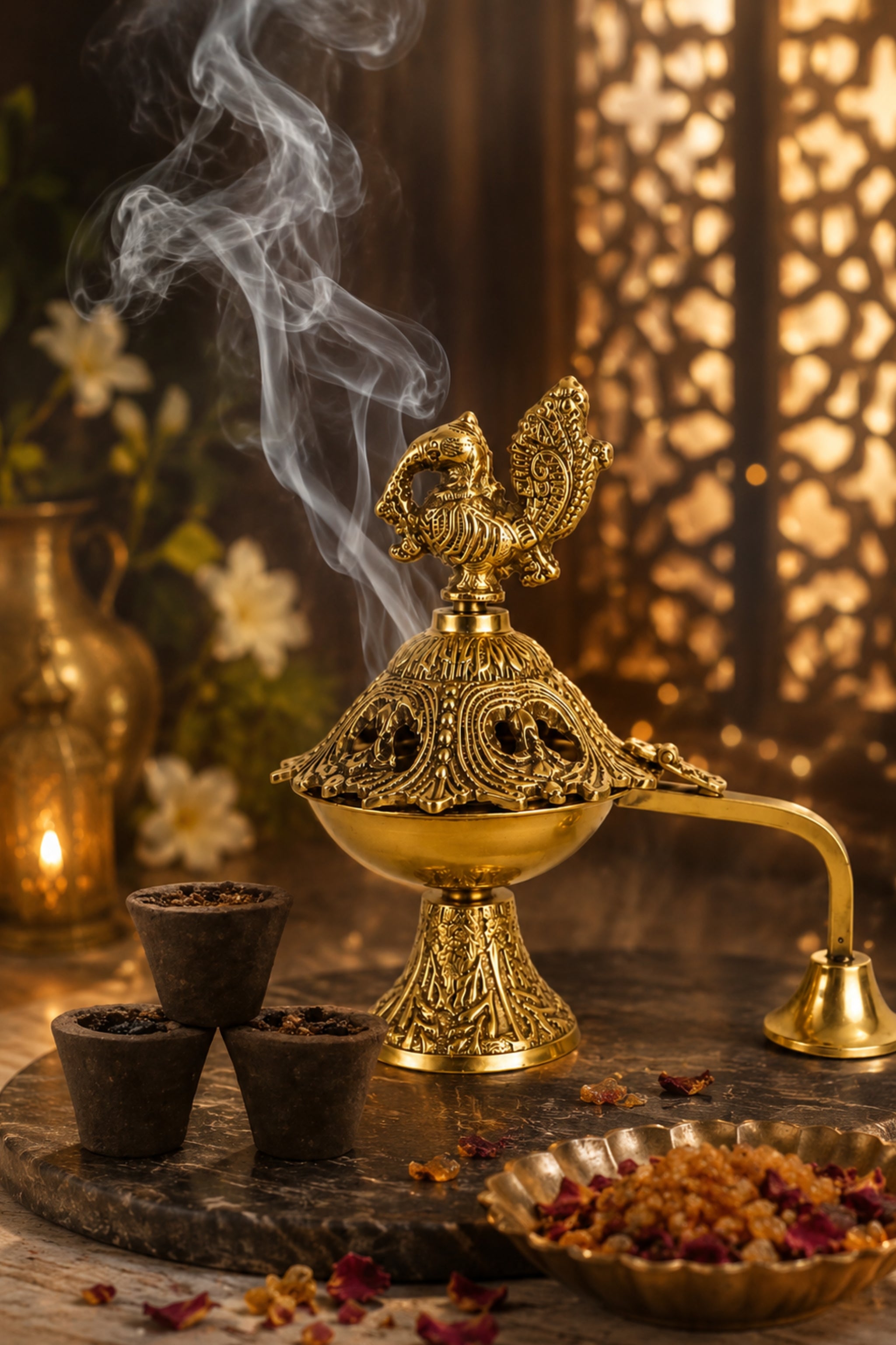 Premium Peacock Brass Incense Burner with Handle | Handcrafted Brass Dhoop Dani for Sambrani, Loban, Dhoop Cups & Resin Incense | Decorative Pooja Dhuni Burner for Home & Temple