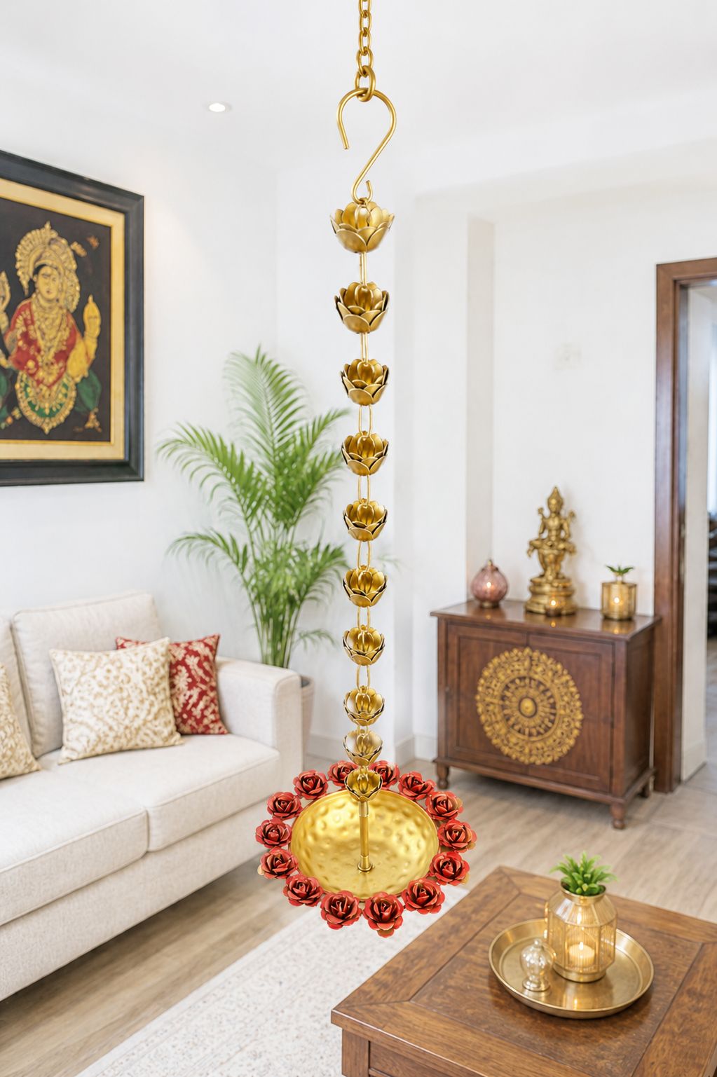 Premium Hanging Lotus Urli Bowl with Rose Rim Design | Decorative Metal Floating Flower Bowl with Lotus Chain | Hanging Urli for Water, Candles, Tea Lights, Diwali, Pooja, Wedding & Home Décor