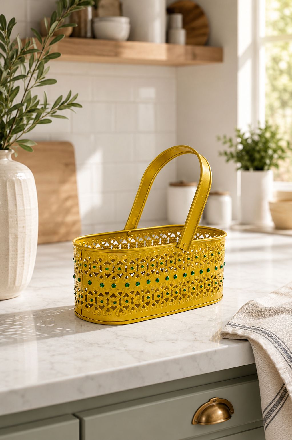 Premium Decorative Metal Gift Basket with Handle | Gold Finish Storage Basket | Dry Fruit, Gift Hamper, Fruit Basket, Home Decor & Multipurpose Organizer | 25 x 11.5 x 10 cm