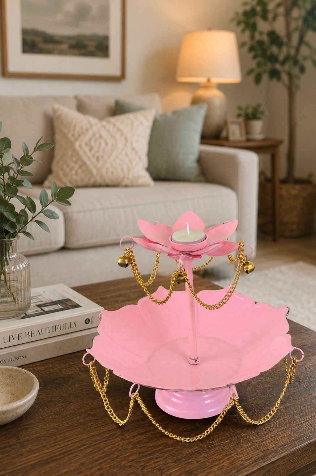 Pink Metal Urli Bowl with Diya Stand & Hanging Chain Design for Floating Flowers & Candles | Decorative Centerpiece for Diwali, Wedding, Home Décor & Festive Gifting