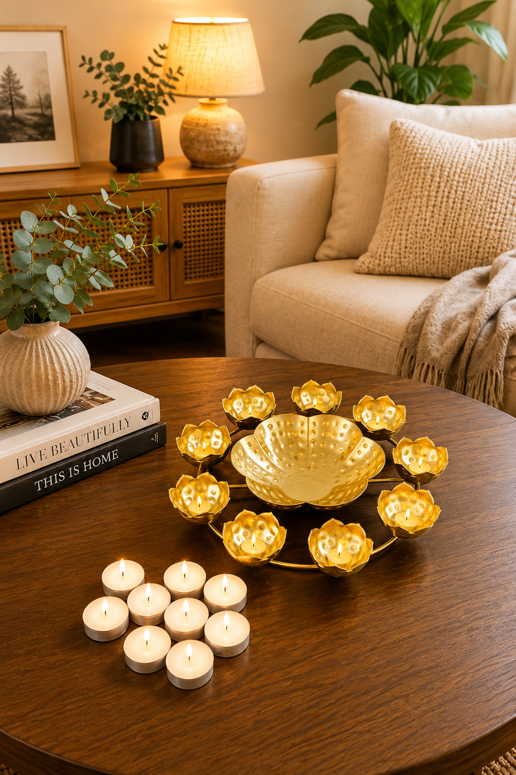Premium Lotus Urli Bowl with 8 Tea Light Holders | Hammered Metal Decorative Floating Flower Bowl | Gold Finish Centerpiece for Diwali, Pooja, Weddings, Festivals, Home Décor & Gifting