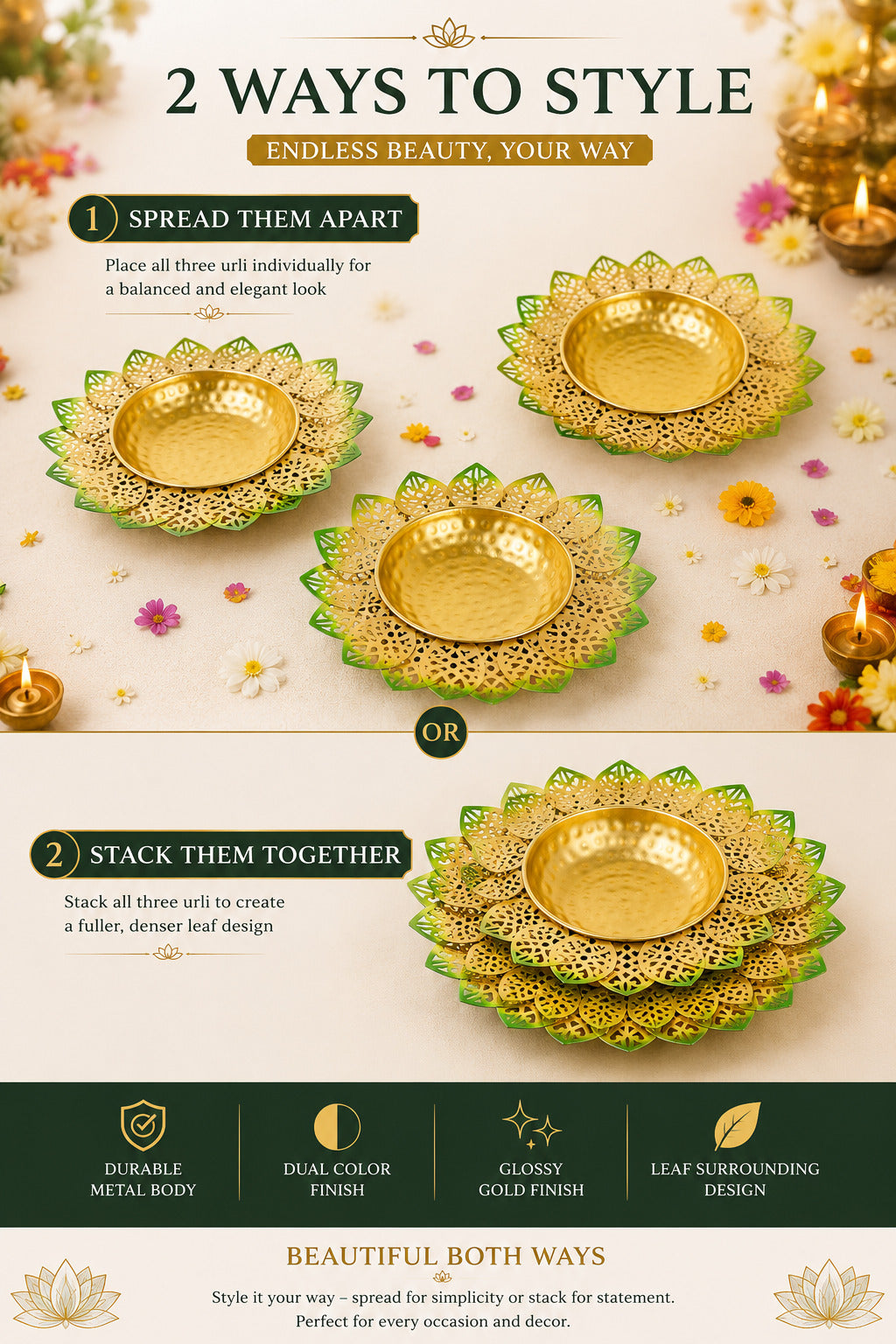 Decorative Lotus Metal Urli Bowl Set for Floating Flowers & Candles | Designer Festival & Home Decor (Set of 3, Green & Gold)