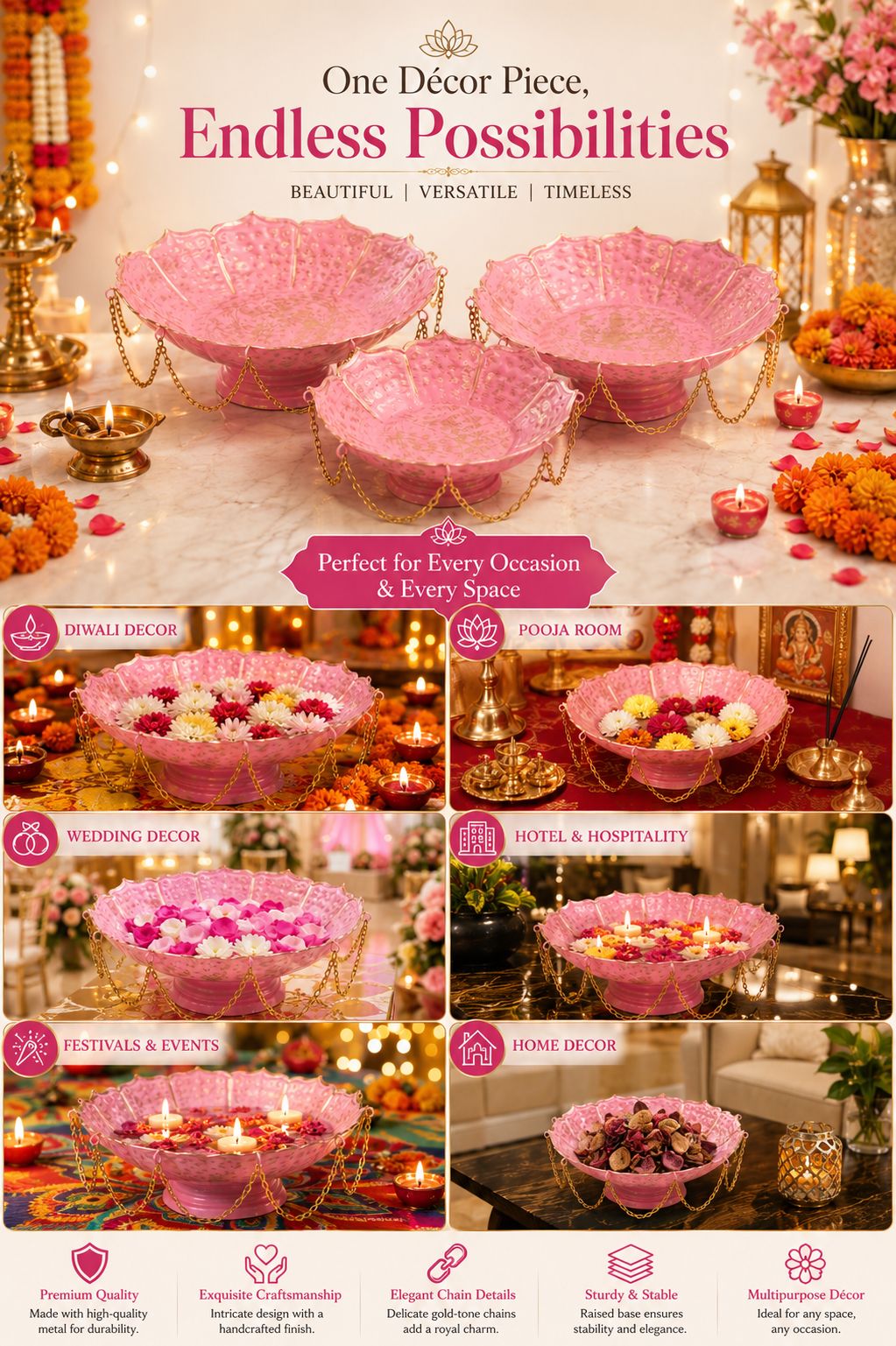 Premium Pink Lotus Urli Bowl Set of 3 with Decorative Chain | Handcrafted Metal Floating Flower Bowls for Water, Candles & Tea Lights | Decorative Urli for Diwali, Wedding, Pooja & Home Décor