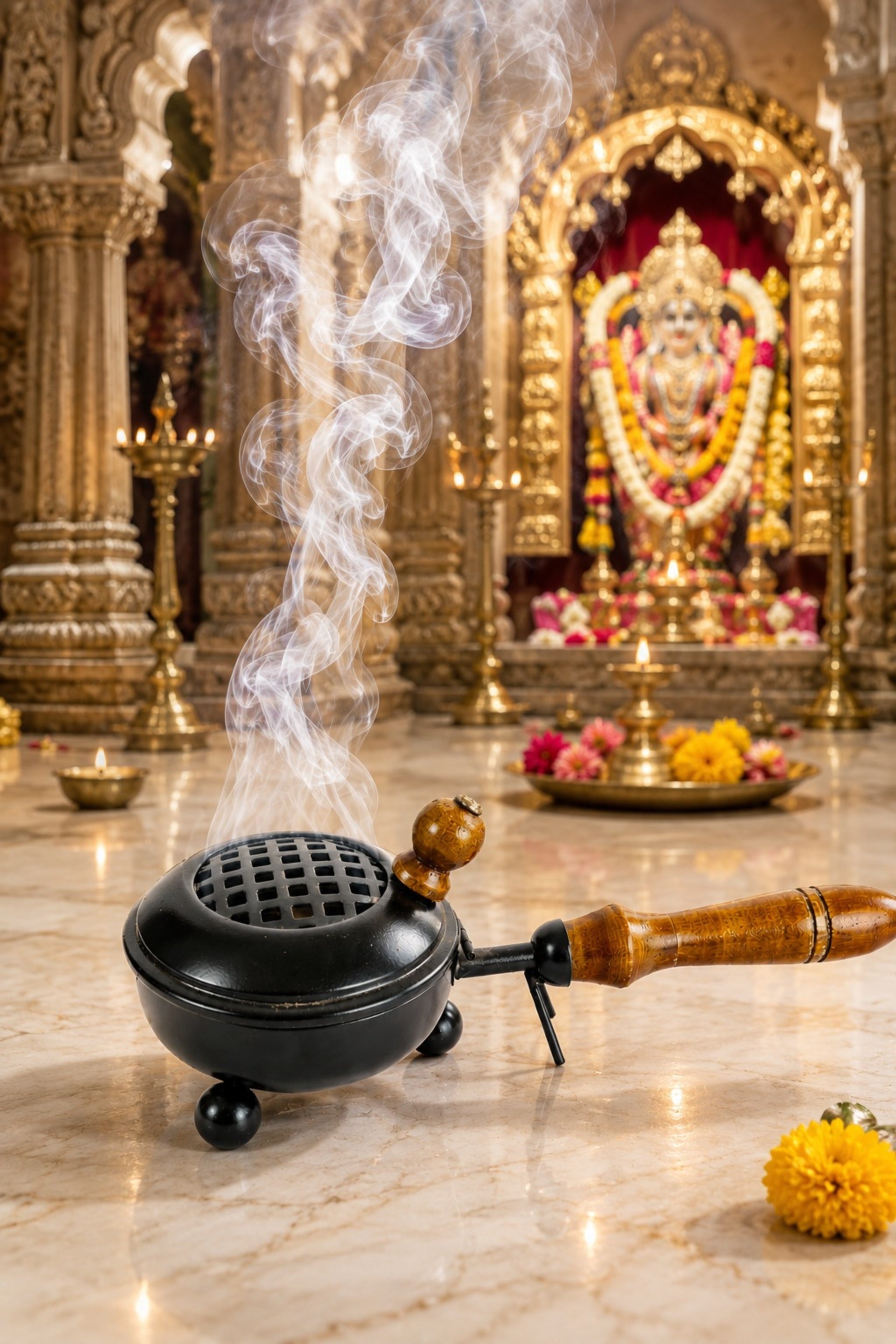 Black Metal Dhoop Dani with Wooden Handle & Lid for Pooja, Loban & Sambrani Burning | Covered Incense Burner for Home Temple, Havan, Vastu & Daily Use Puja Item