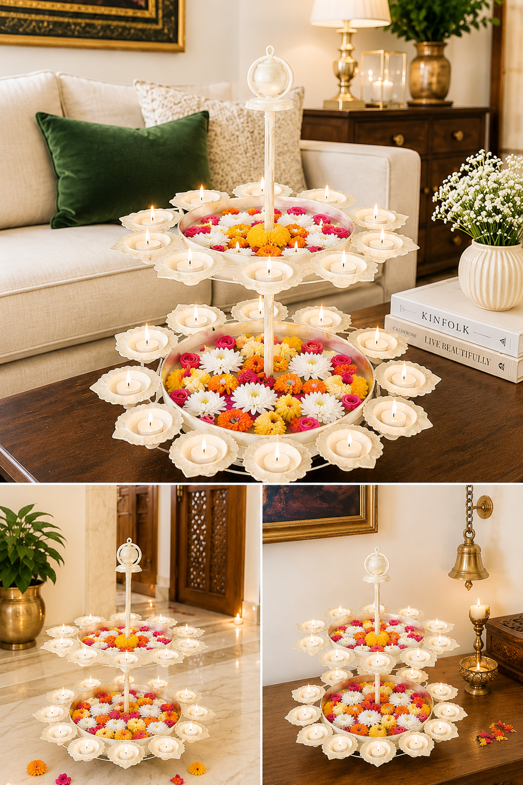 Premium Dual Layer Urli Bowl with 24 Tea Light Holders | Decorative Metal Floating Flower Stand | Antique Gold & Ivory Finish for Diwali, Pooja, Weddings, Festivals & Home Décor