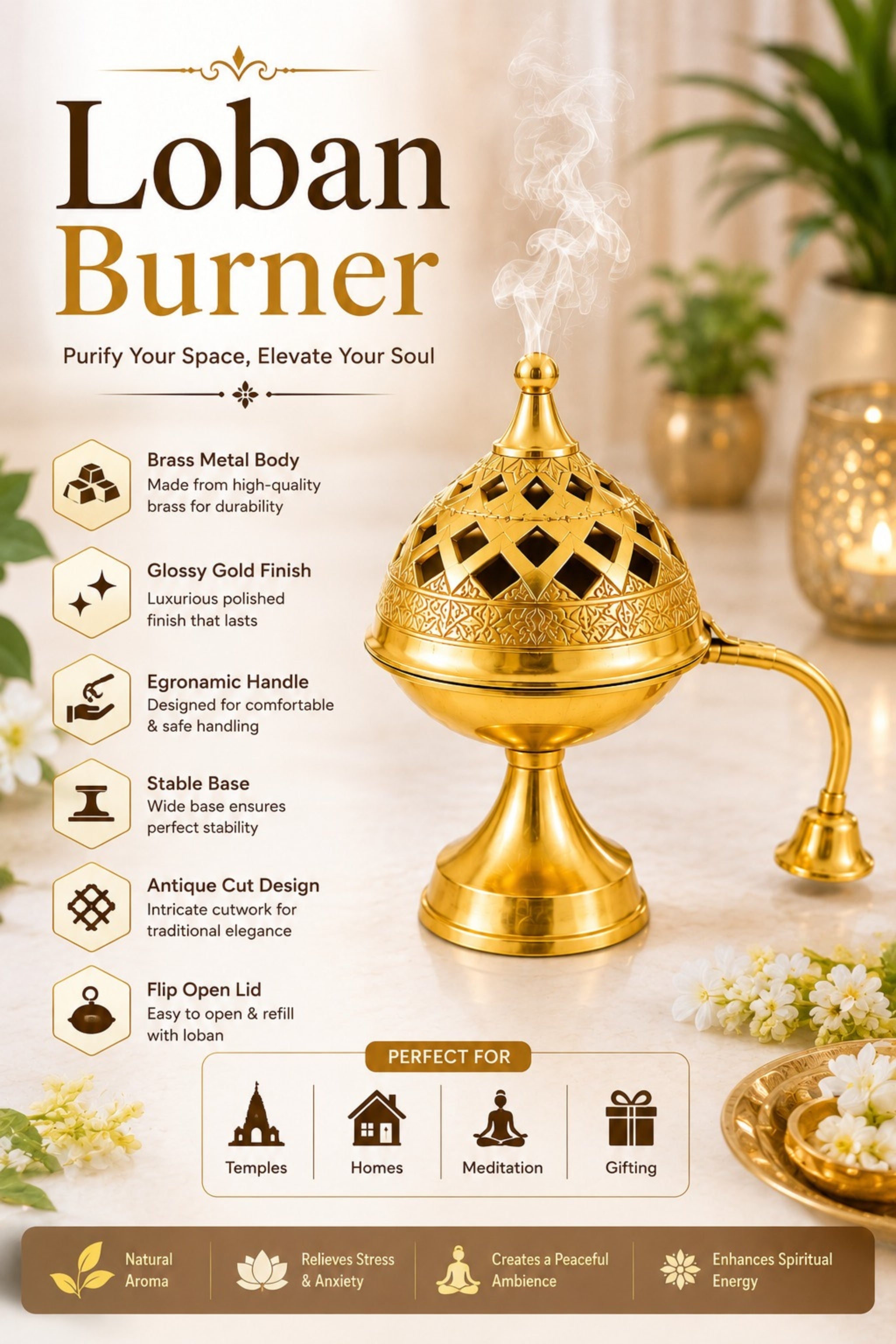 Premium Brass Loban Burner with Handle | Handcrafted Brass Dhoop Dani for Loban, Sambrani Cups, Bakhoor, Resin Incense & Dhoop | Hinged Lid Pooja Incense Burner for Home Temple, Meditation & Gifting