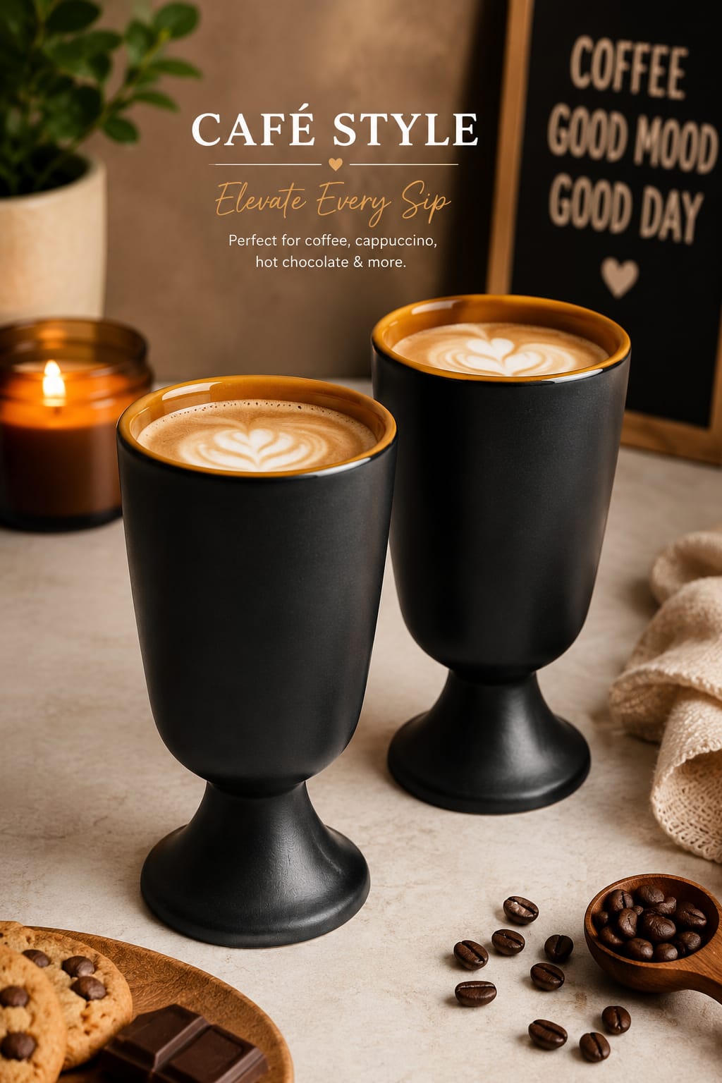 Set of 2 Modern Ceramic Goblet Glasses 250 ml | Matte Black Stemmed Drinking Cups with Glossy Brown Interior | Premium Ceramic Cups for Coffee Tea Milk Hot Chocolate Juice & Cold Beverages