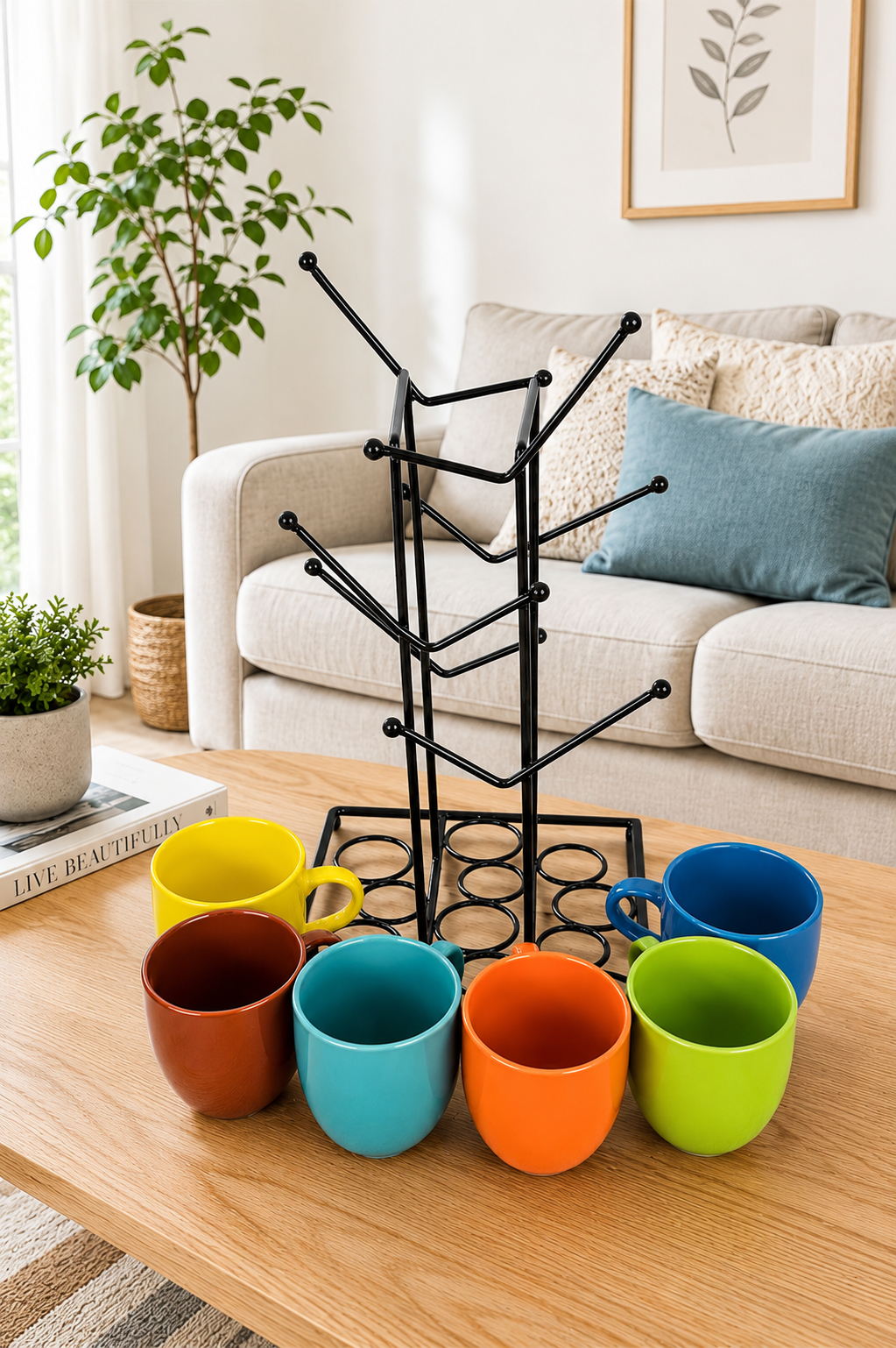 6 Colorful Ceramic Coffee Mug Set with Metal Mug Tree Stand | Space Saving Cup Holder Rack | Tea & Coffee Cups with Durable Metal Stand | Modern Kitchen Counter Organizer | Gift Set for Home & Office