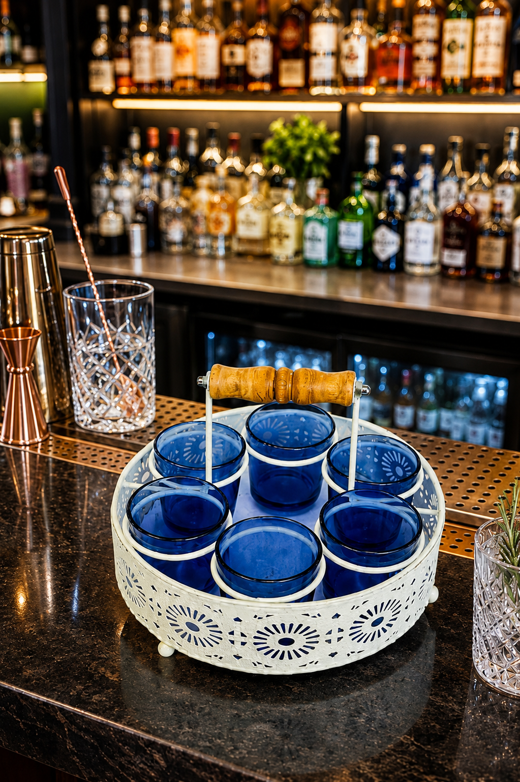 Shot Glasses Set of 6 with Holder | 40 ML Mini Whisky Vodka Shot Glasses with Metal Stand & Wooden Handle | Dhaba Style Serving Set for Home, Bar & Parties