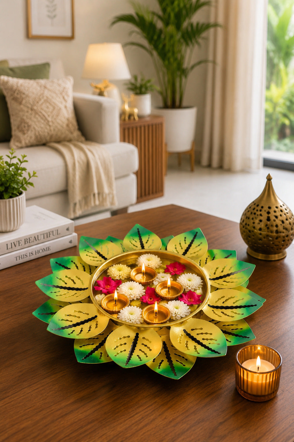 Decorative Lotus Metal Urli Bowl for Floating Flowers & Candles | Antique Finish Festival & Home Decor (Blue Gold)