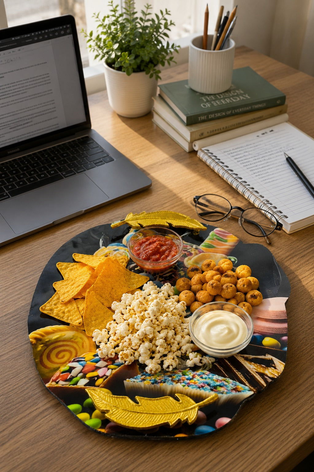Premium MDF Snack Serving Platter with 2 Glass Dip Bowls | Decorative Serving Tray with Gold Feather Handles | Multipurpose Food Serving Board for Samosa, Momos, Fries, Nachos, Pizza & Snacks