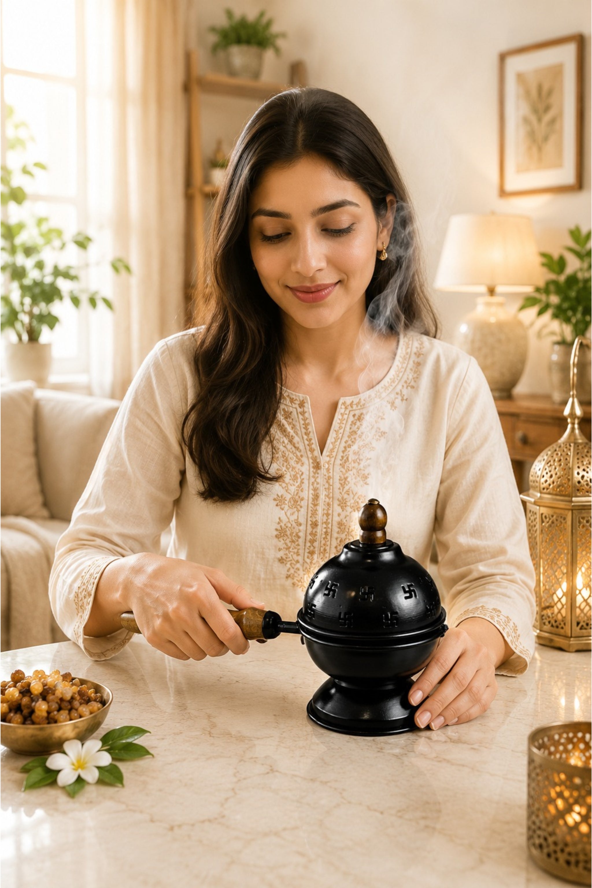 Premium Metal Loban Burner with Wooden Handle & 3 Free Loban Cups | Heat Resistant Incense Burner for Loban, Dhoop, Sambrani Cups, Bakhoor & Camphor | Home Temple, Meditation & Pooja Decor
