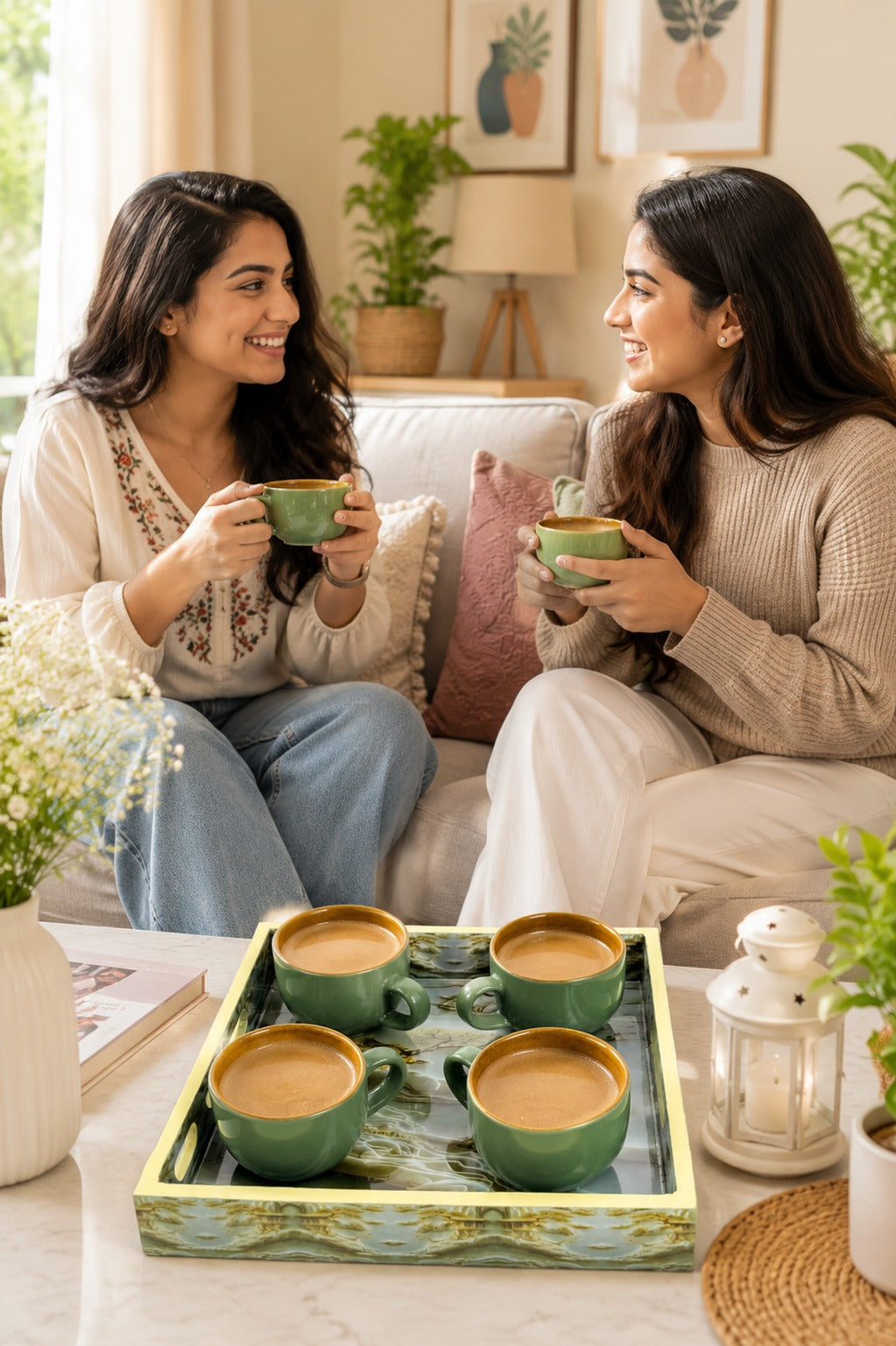 Set of 4 Ceramic Tea & Coffee Cups with Designer Serving Tray | Sage Green Coffee Mug Set | Premium Ceramic Cups for Home Kitchen & Gifting